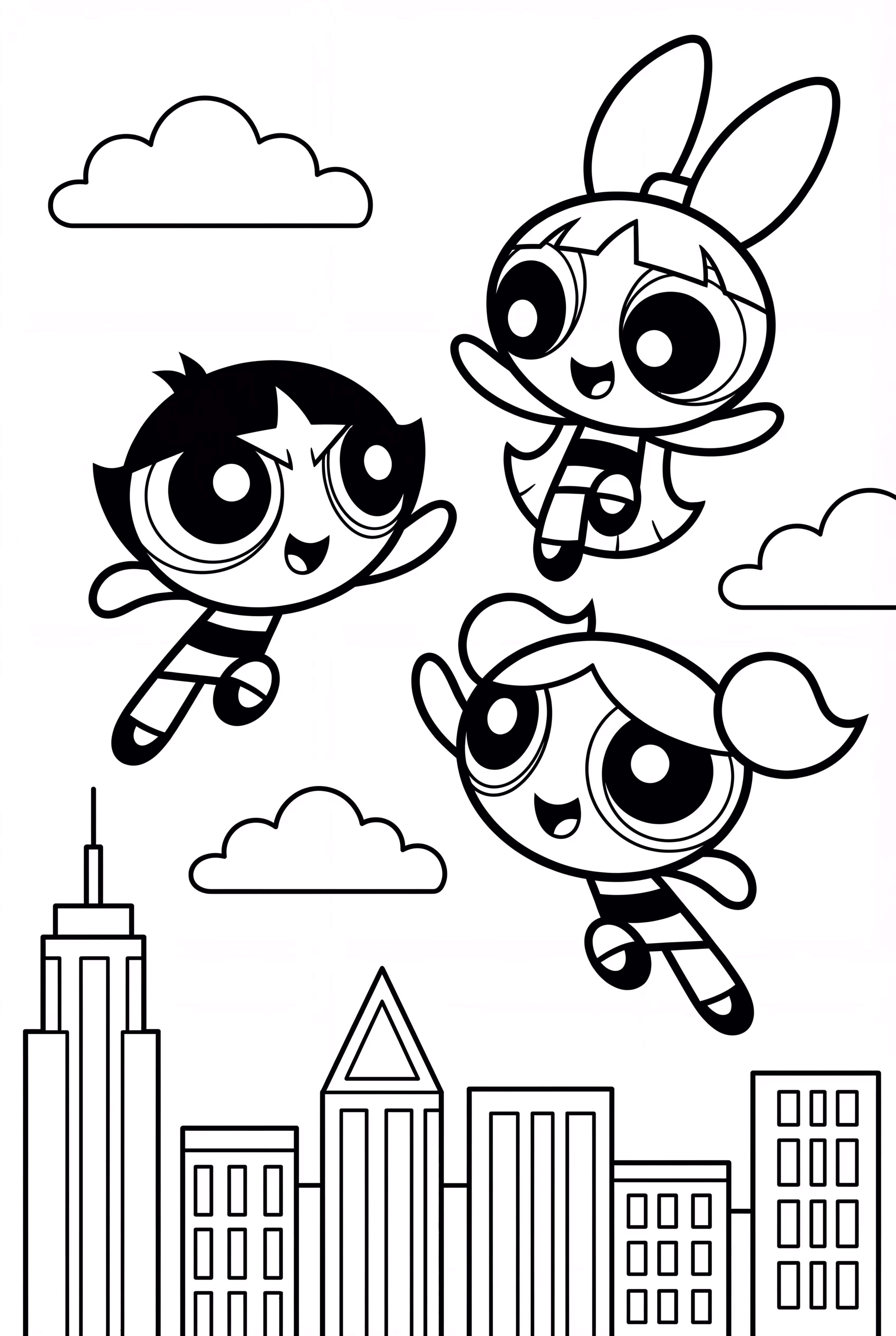 Die Powerpuff Mädchen fliegen über die Stadt