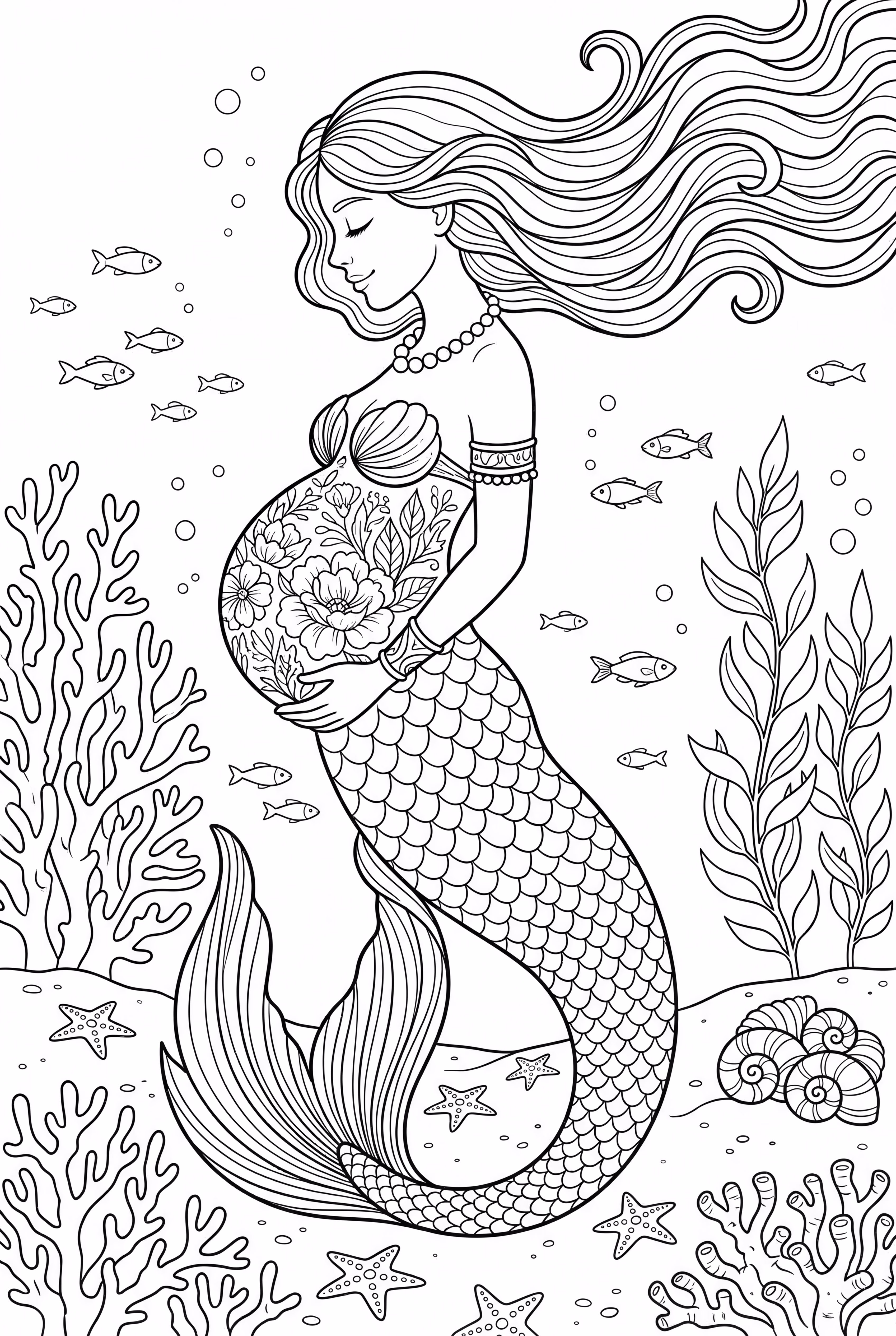 孕妇美人鱼与花卉肚子设计