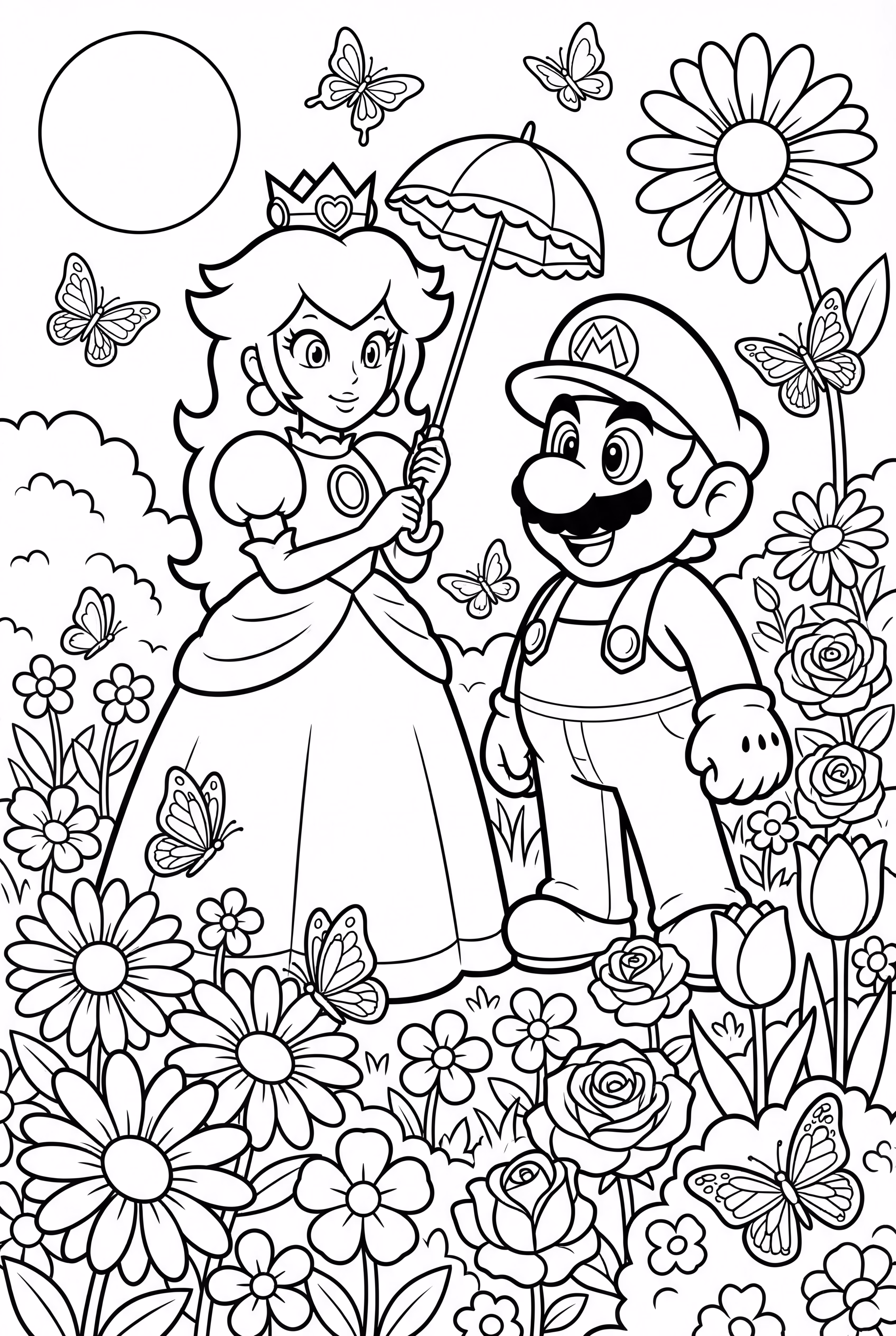 Princess Peach and Mario in a flower garden