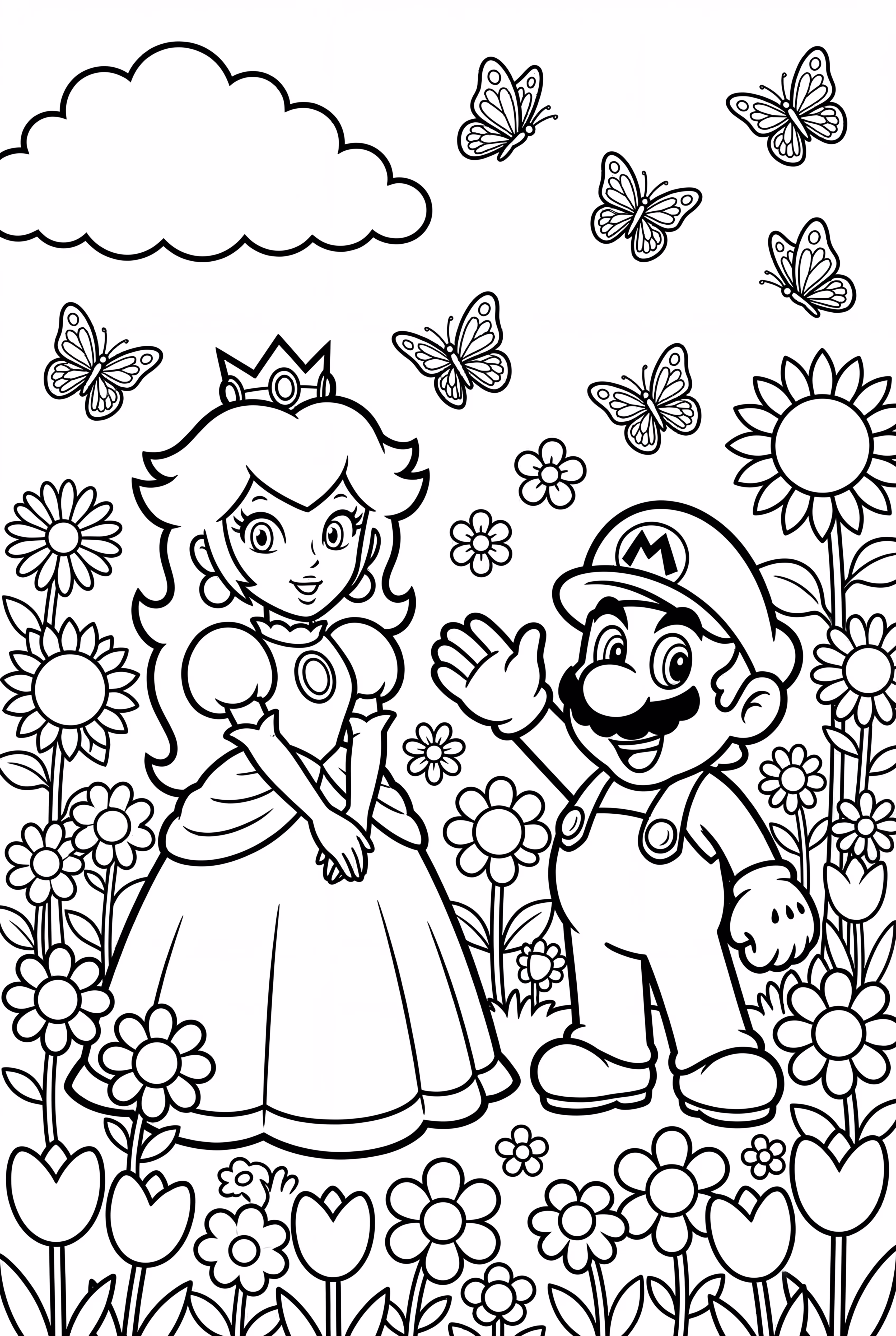Princess Peach and Mario in a flower garden