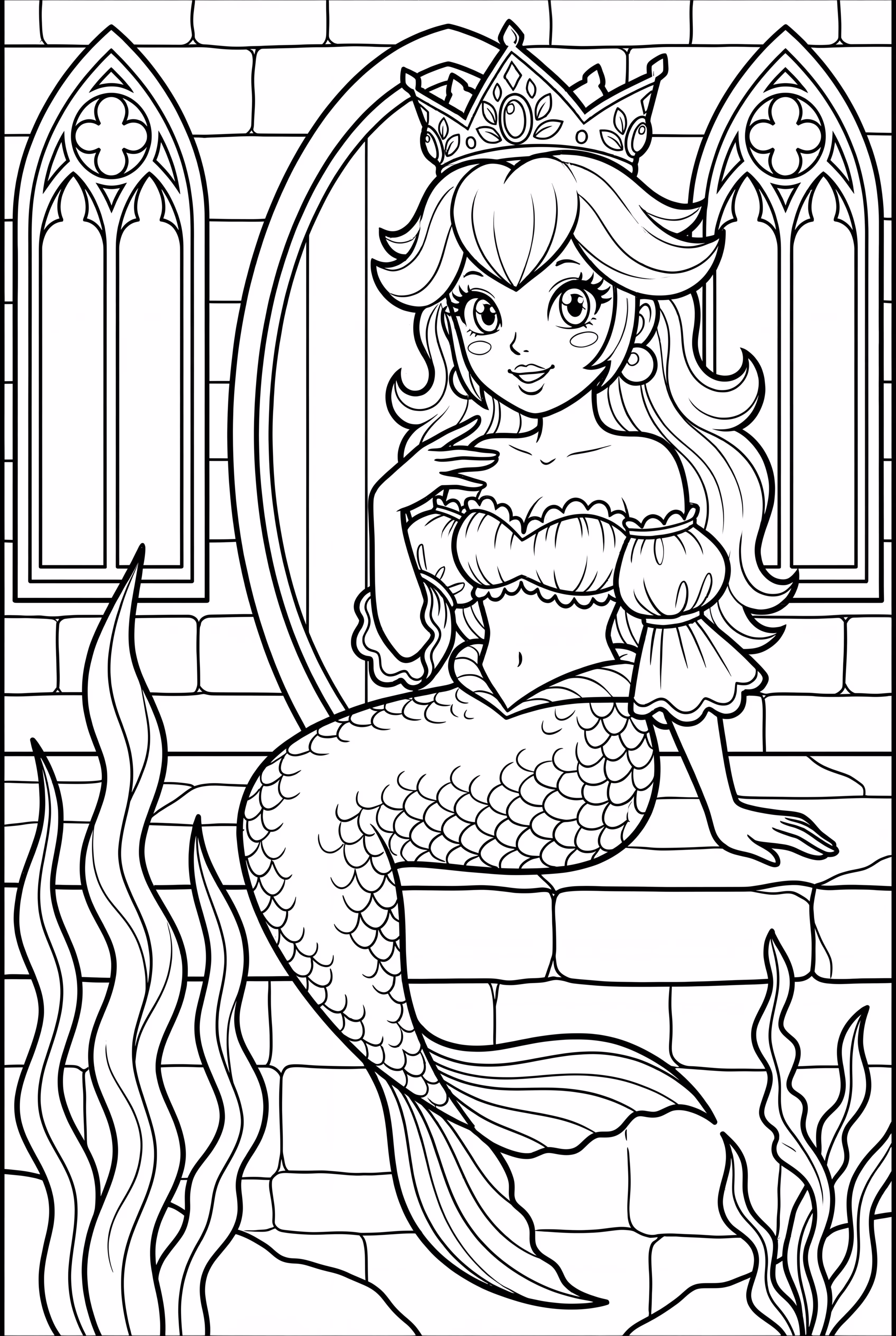 Princess Peach as a mermaid in an underwater castle