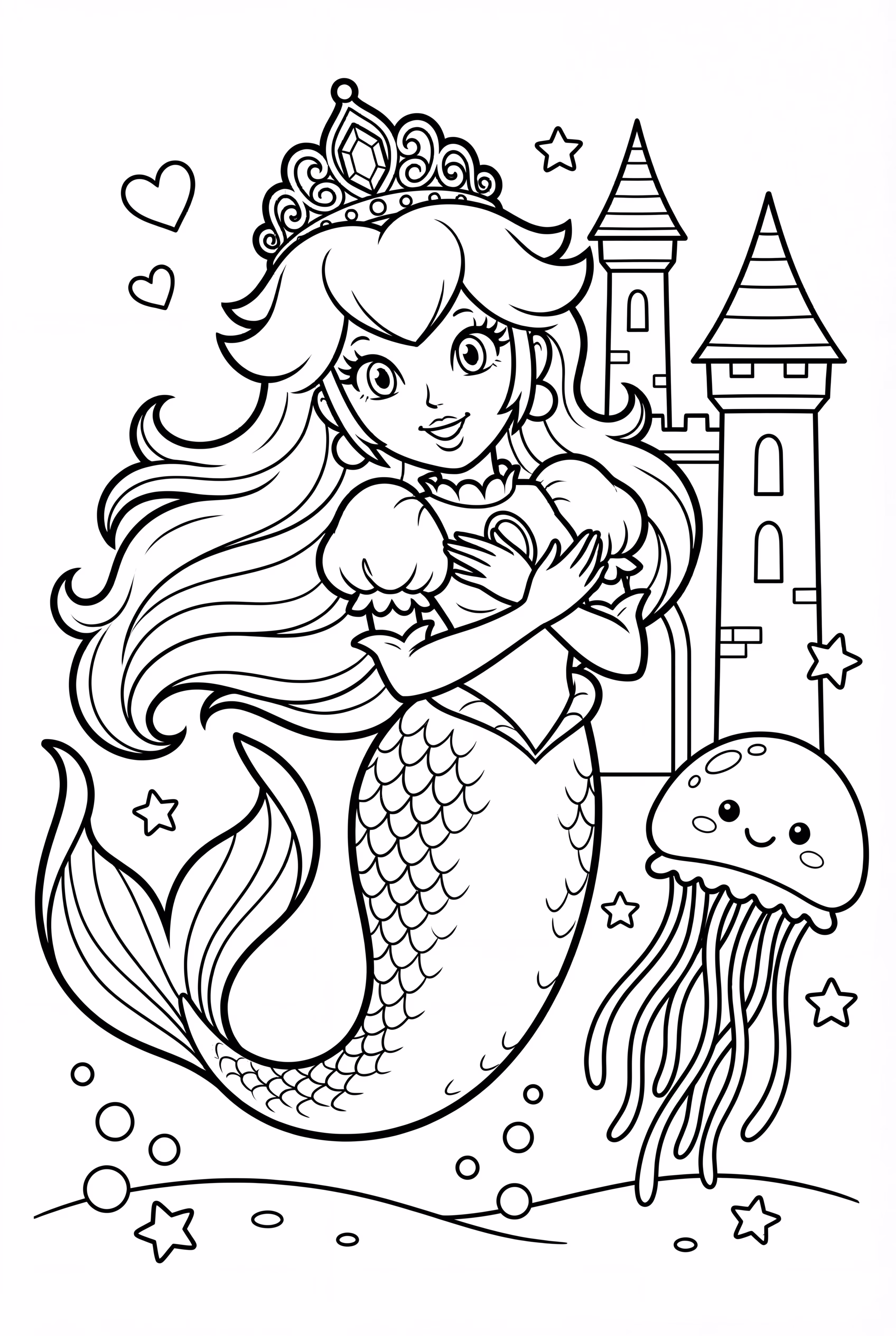 Princess Peach as a mermaid in an underwater castle