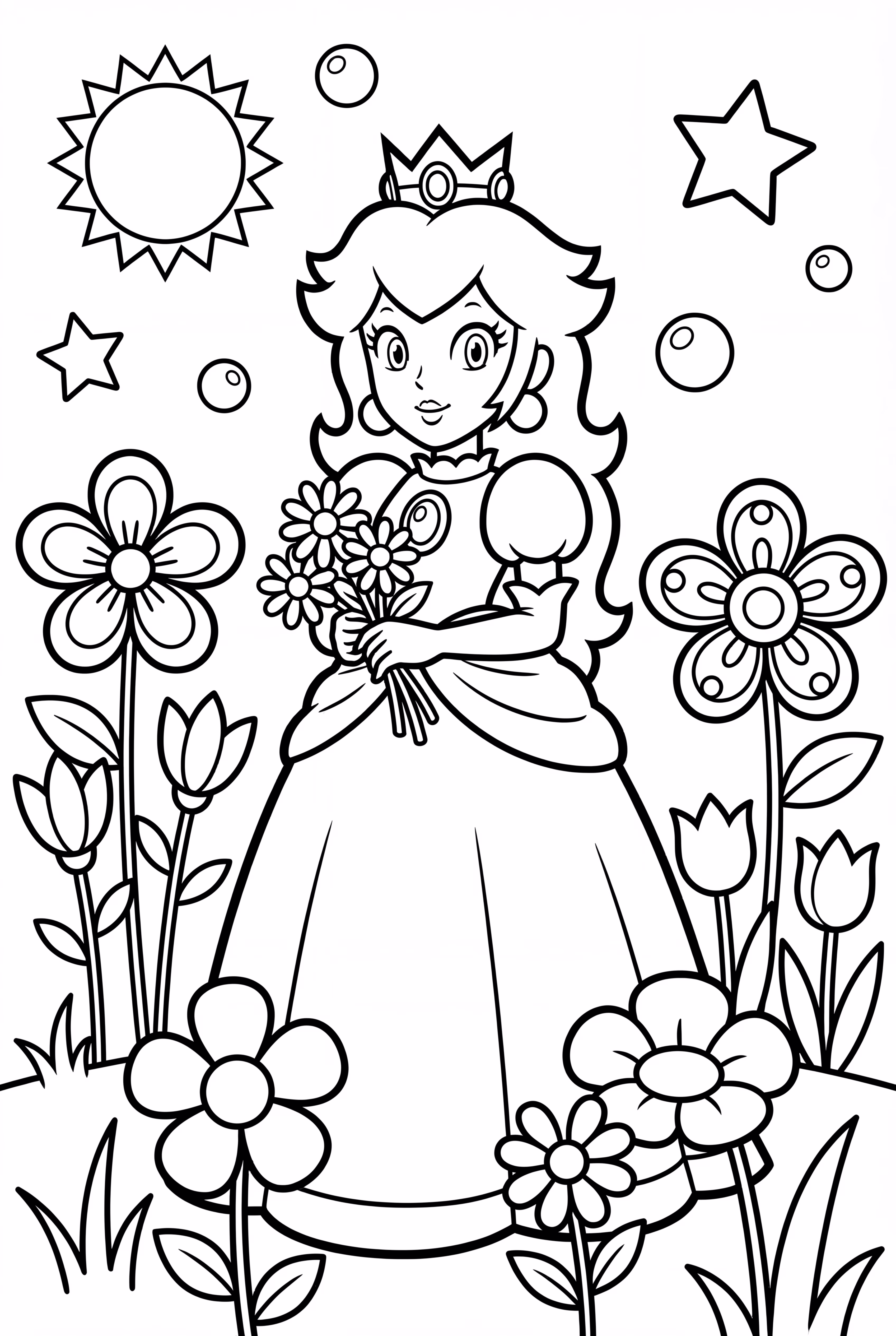Princess Peach in a garden full of flowers