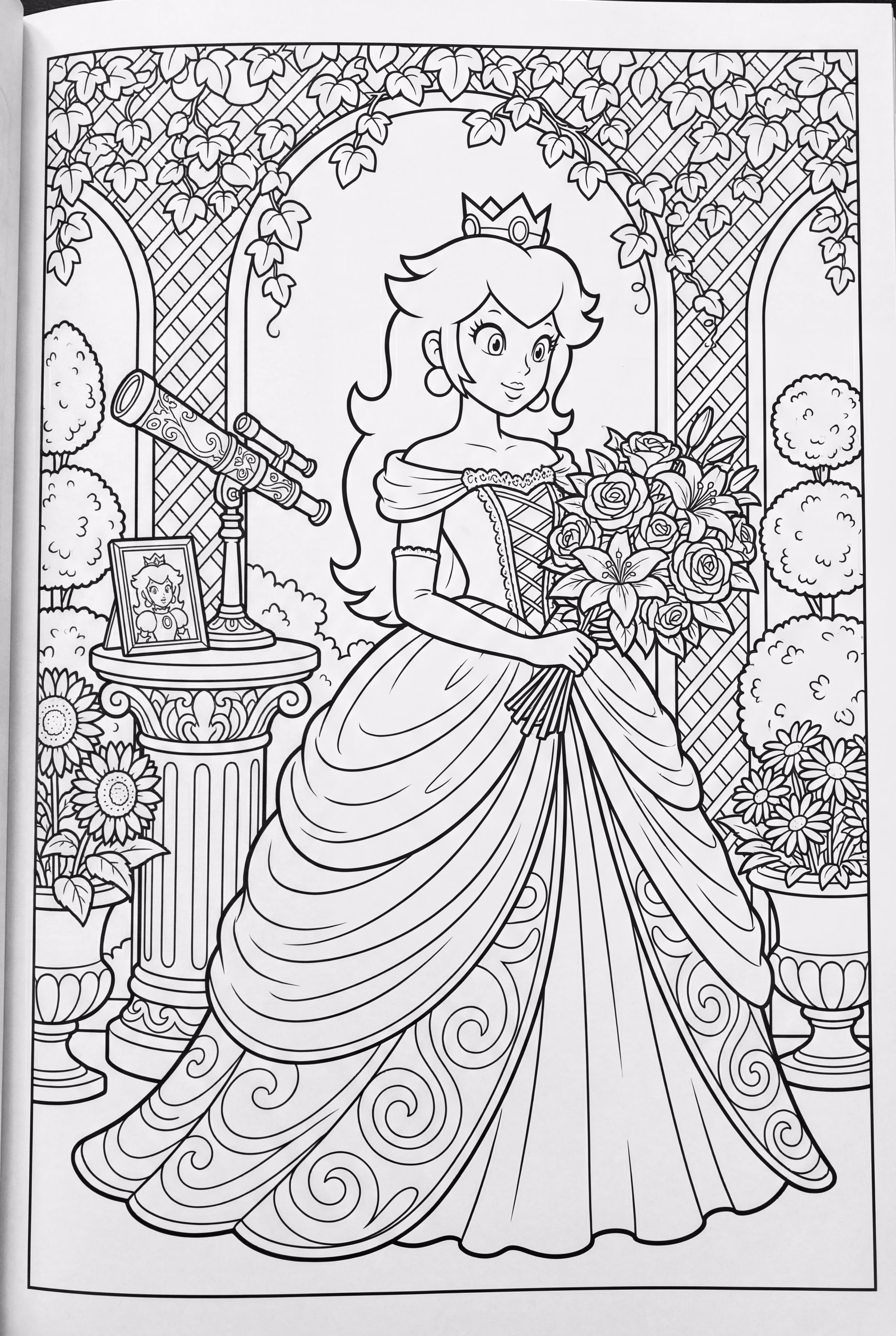 Princess Peach in a garden full of flowers