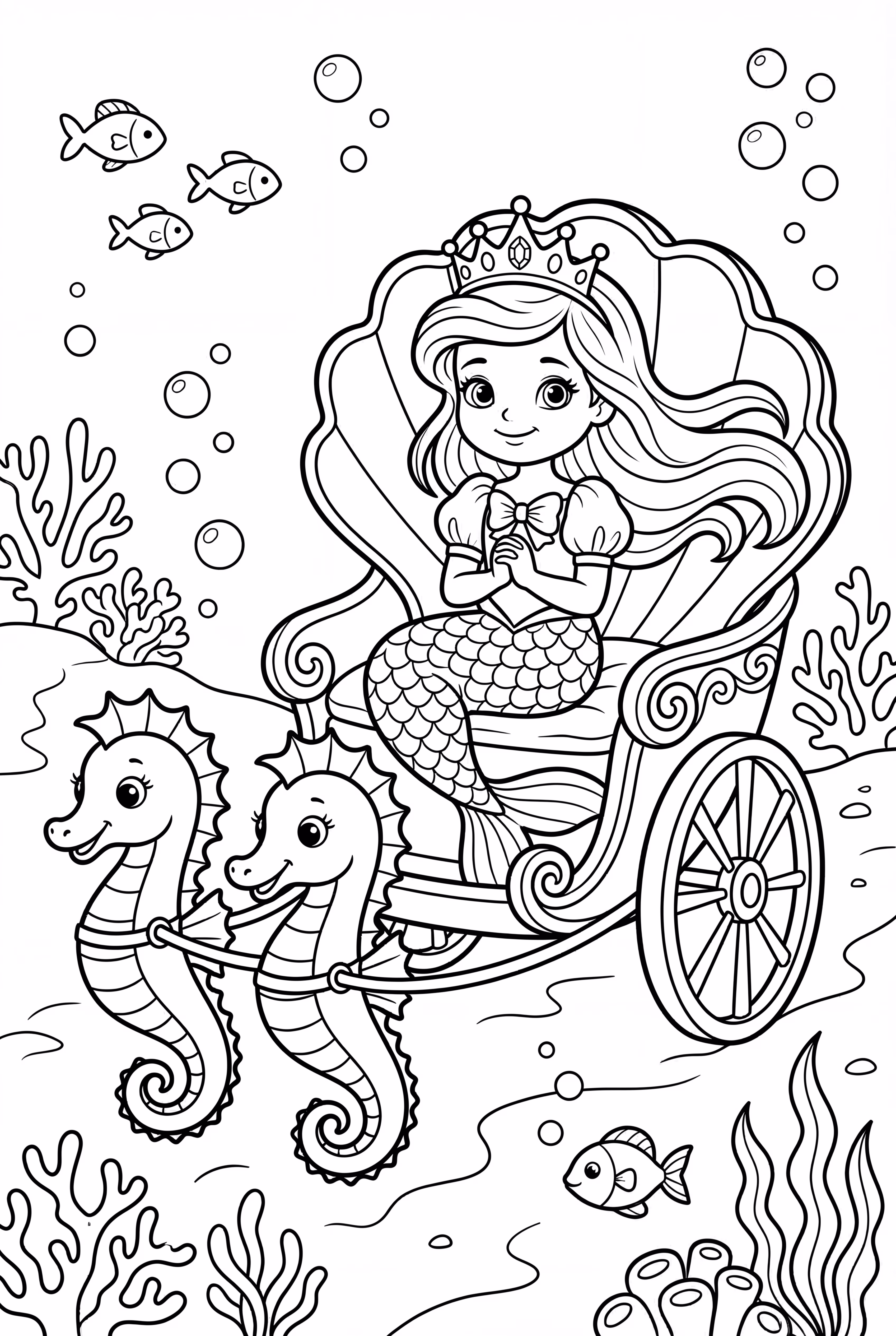 桃子公主美人魚坐在貝殼馬車裡