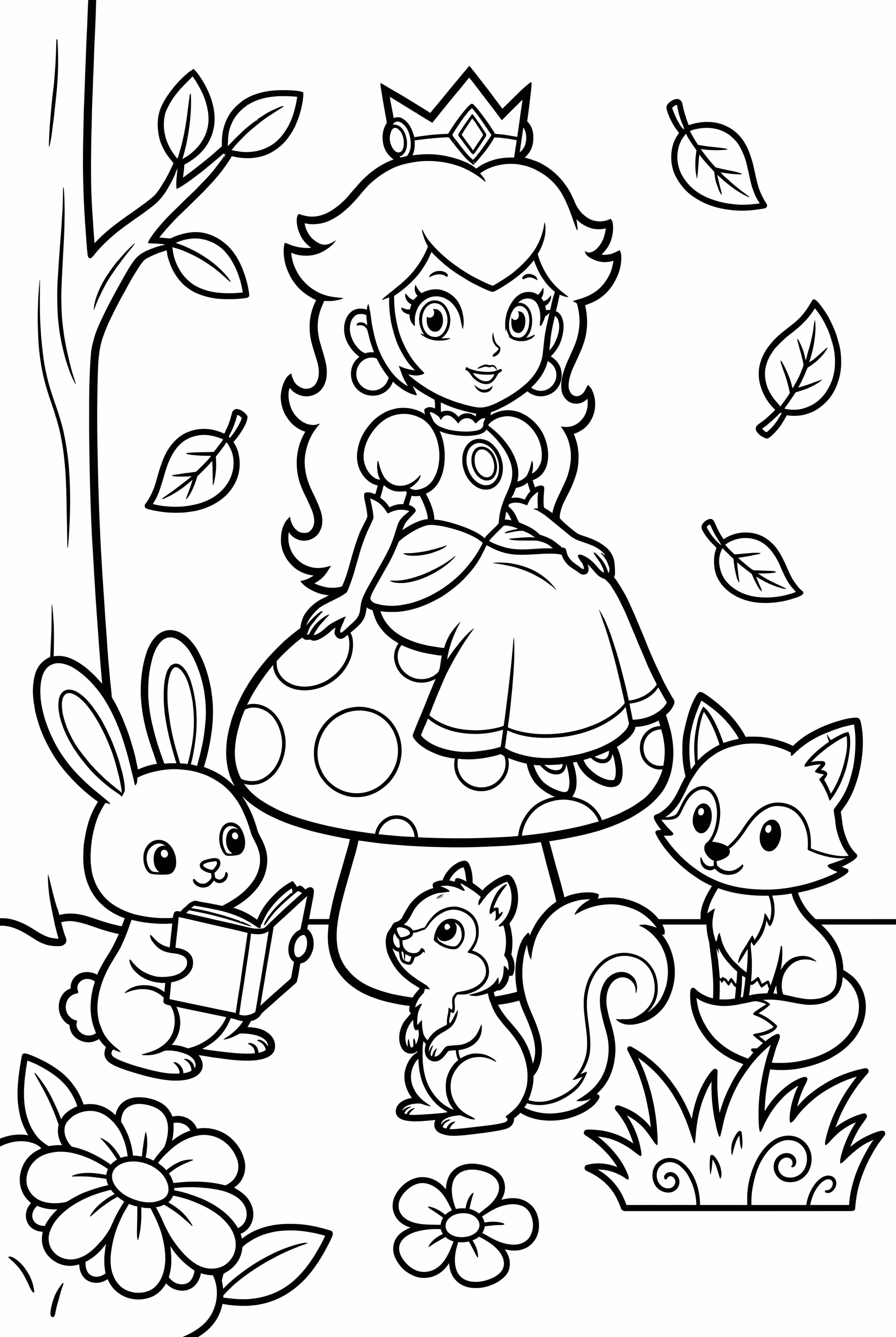 Princess Peach playing with woodland creatures