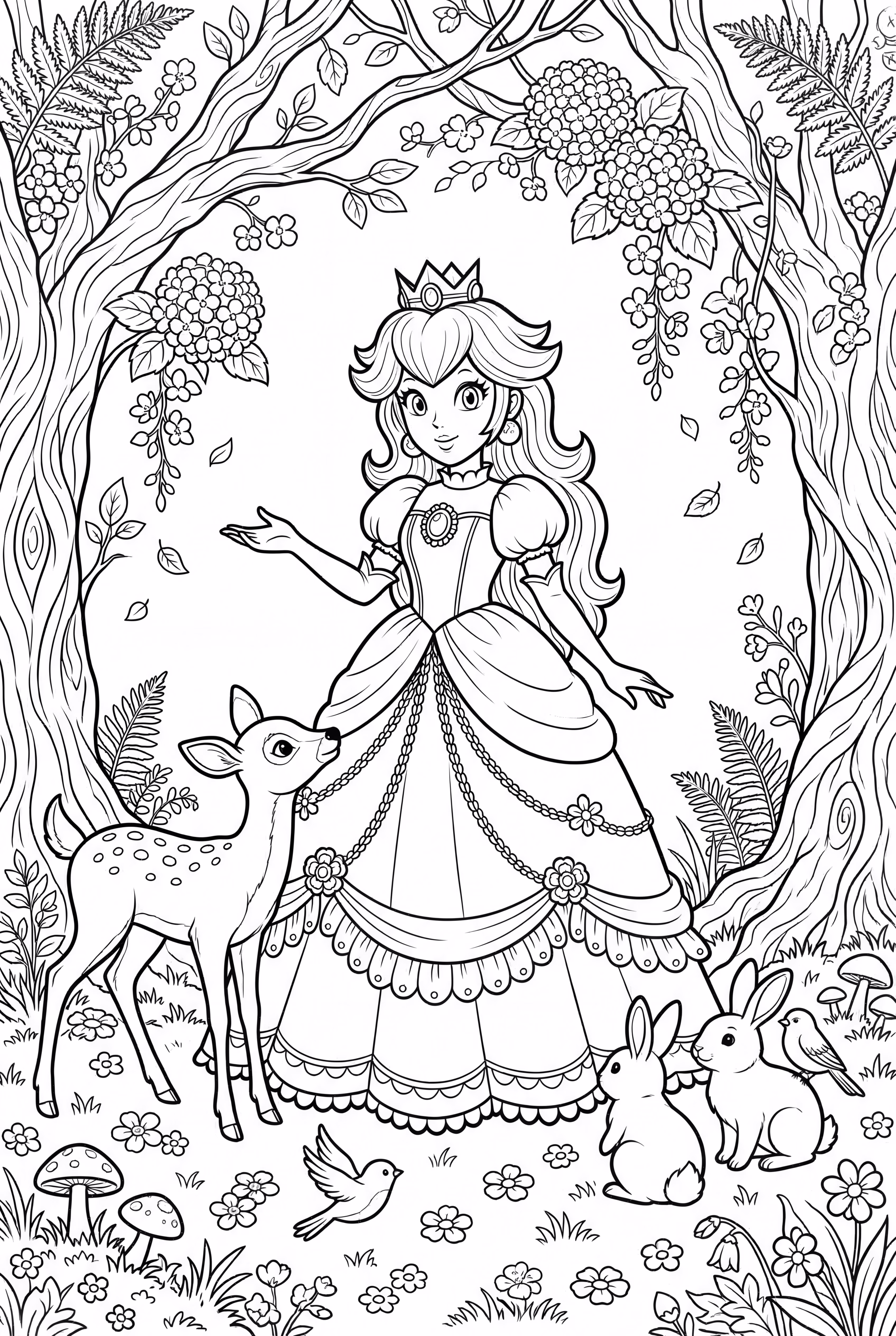 Princess Peach playing with woodland creatures