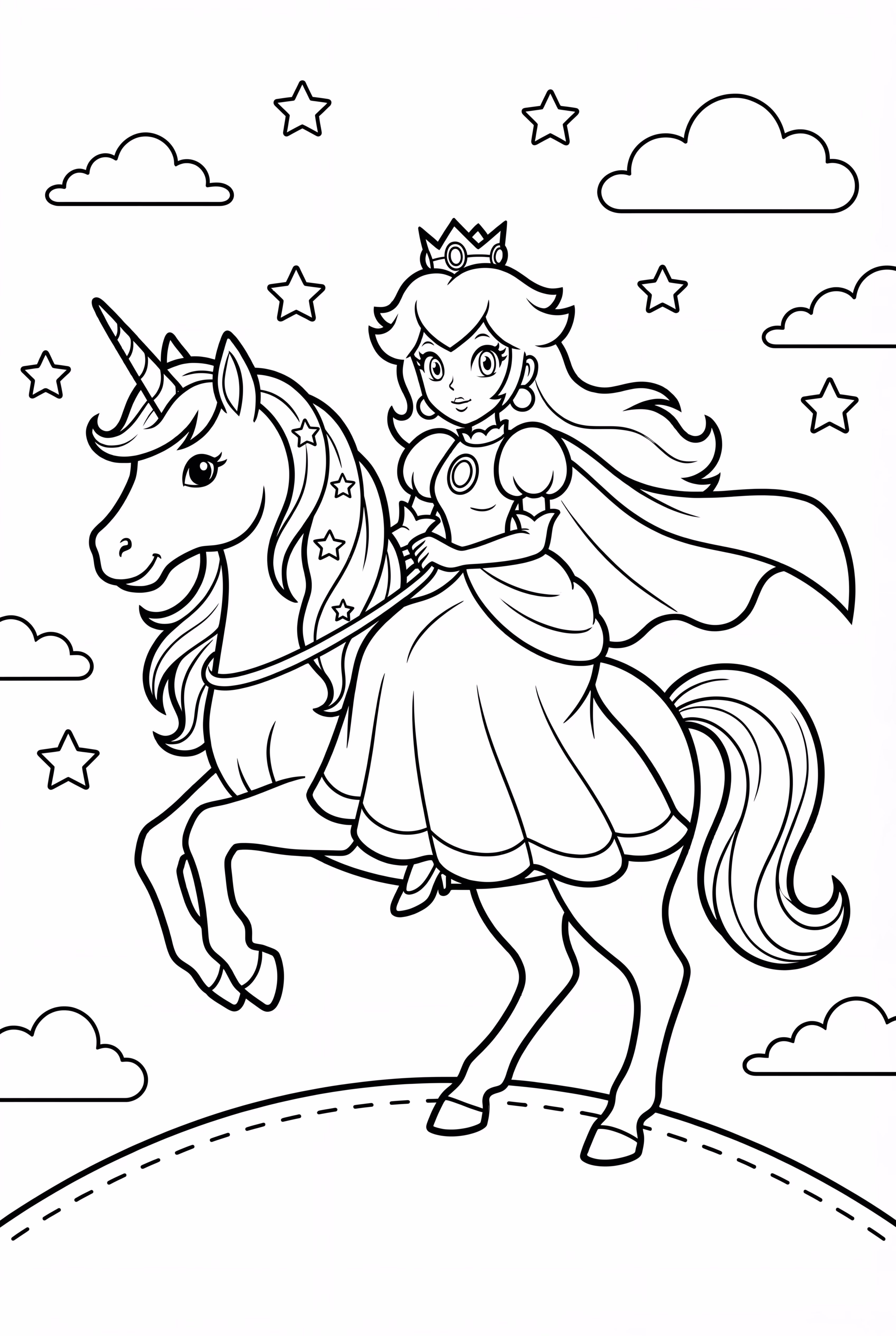 공주 피치가 구름 속에서 유니콘을 타고 있는 모습