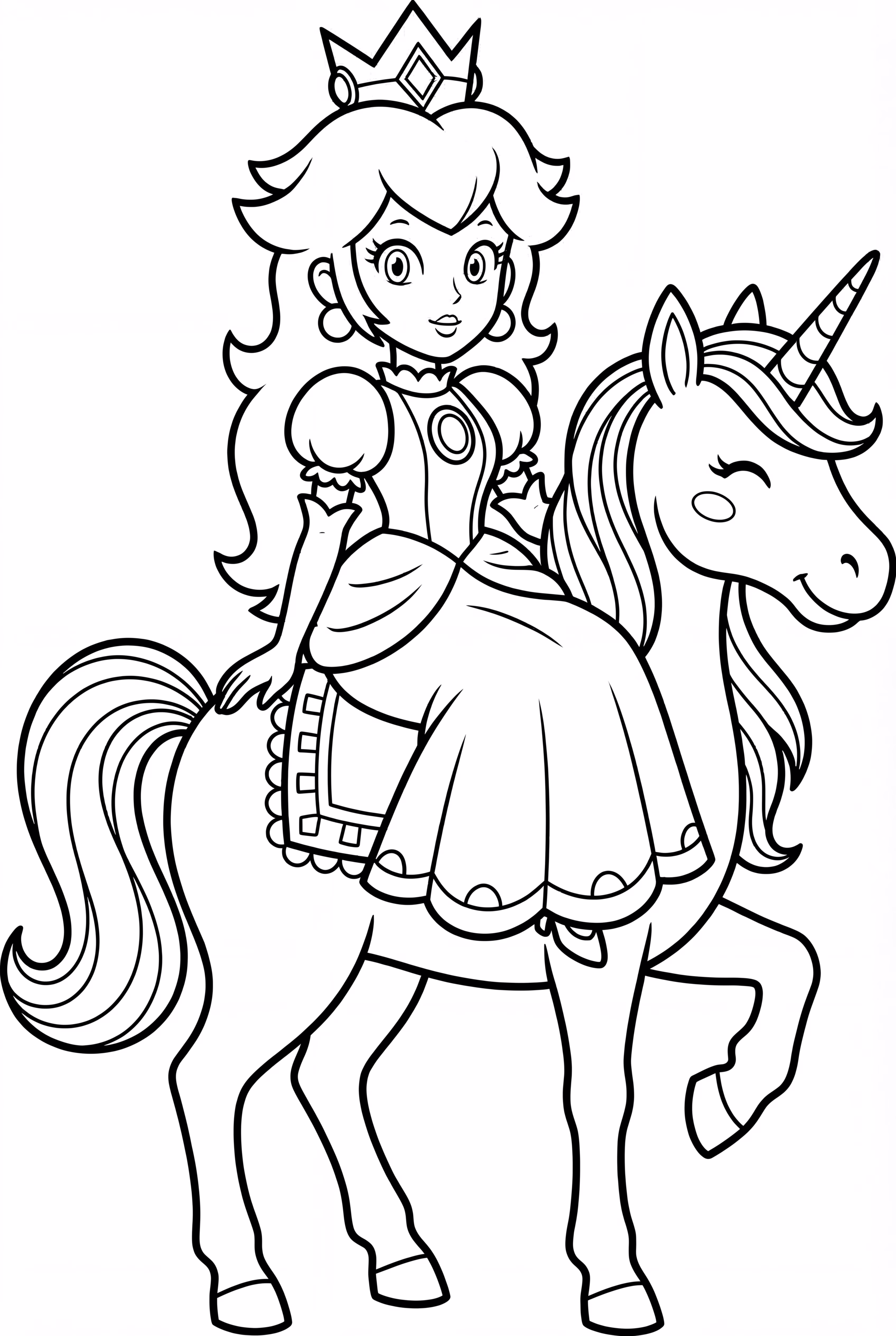 Princess Peach riding a unicorn through the clouds