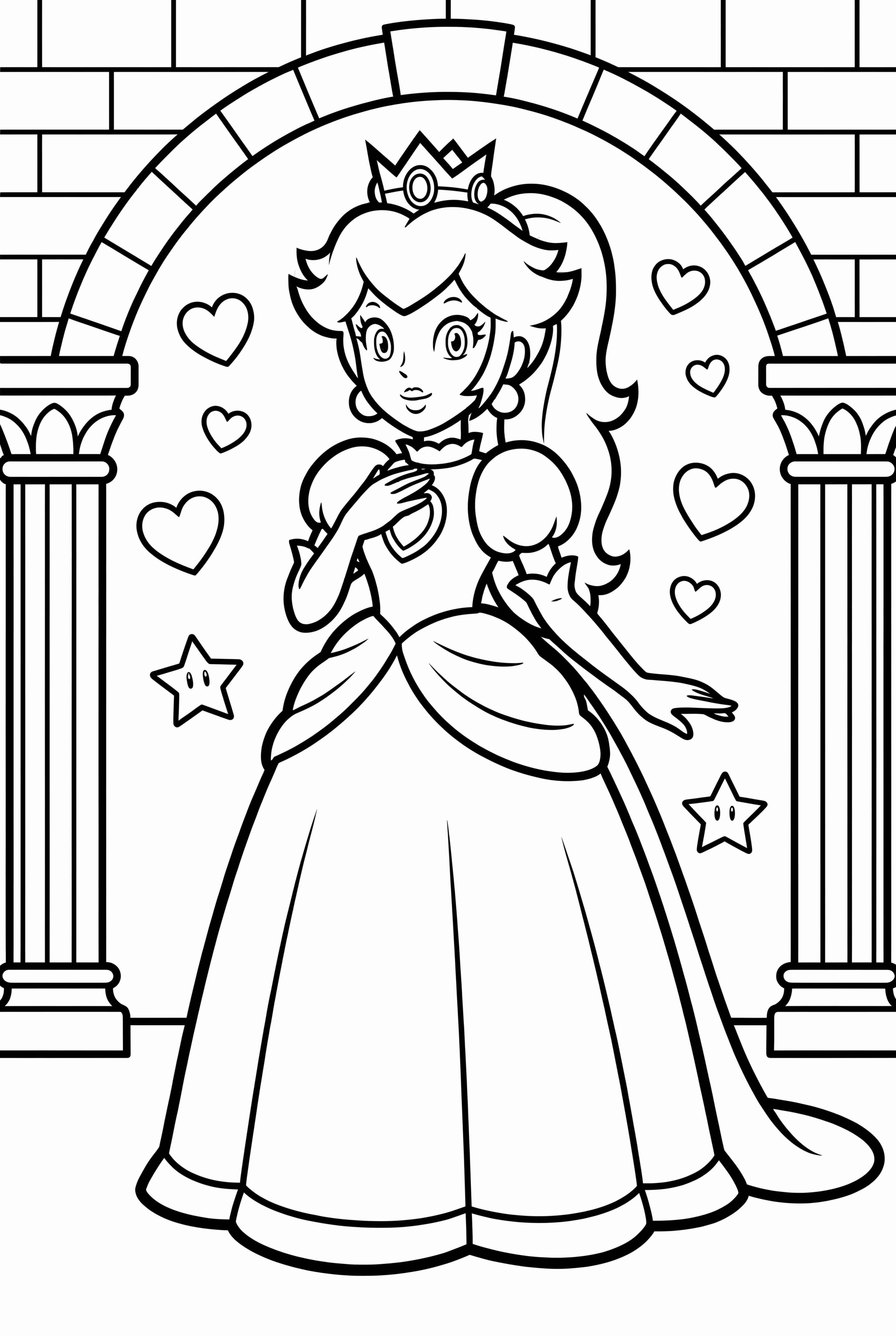 결혼 드레스를 입은 공주 피치, 동화 같은 배경 속에서