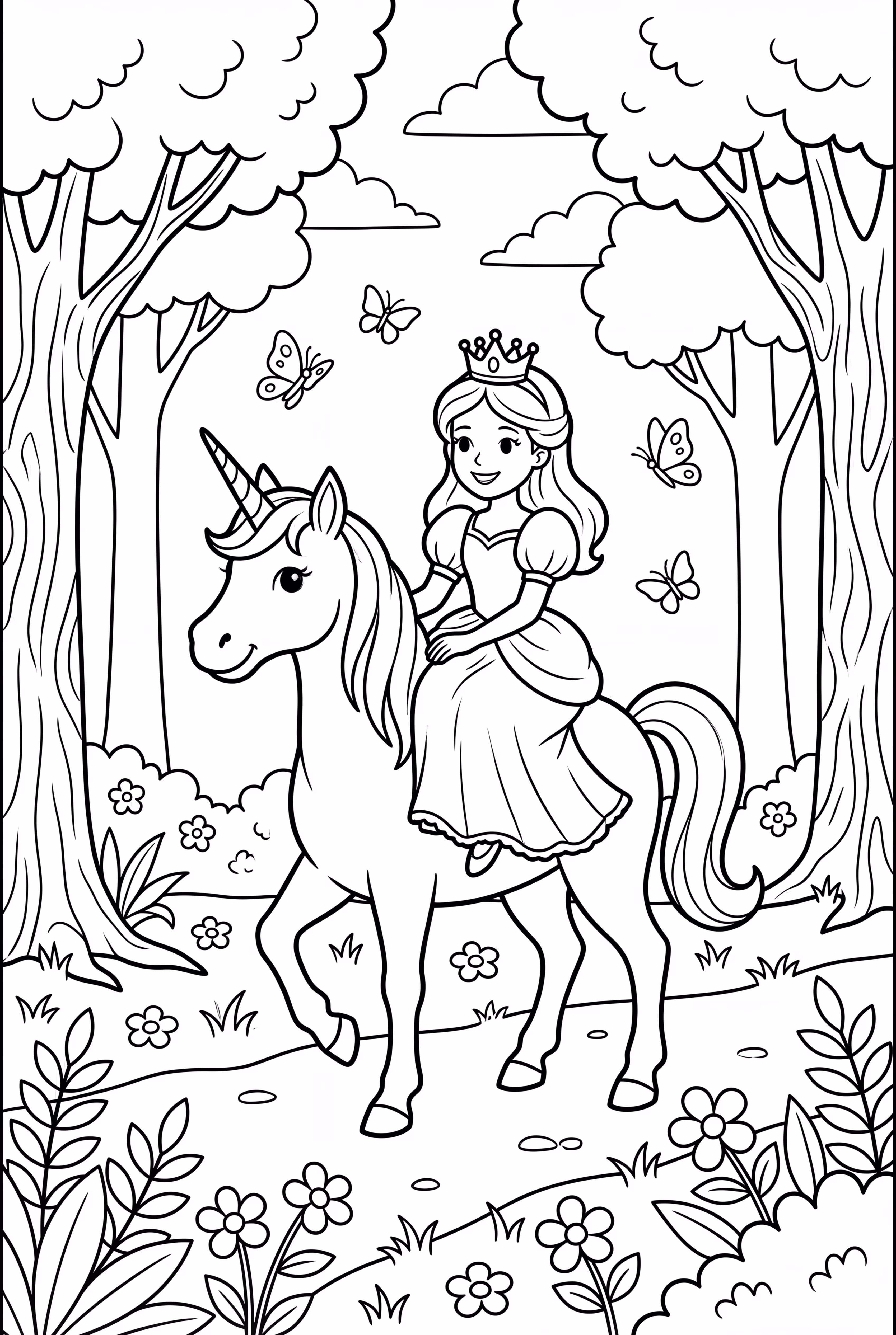 princess riding a unicorn through a forest