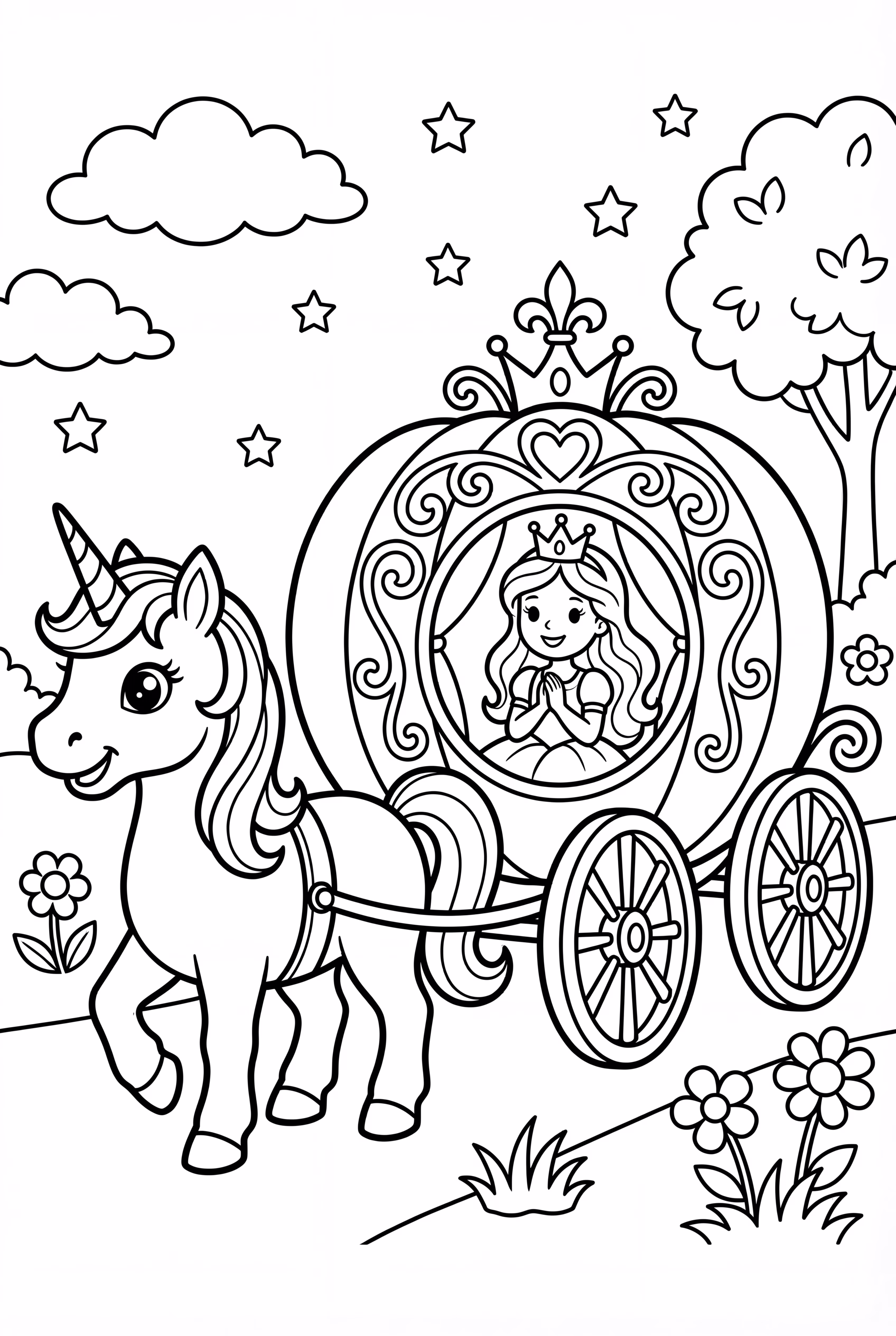 Princess Unicorn Riding Silver Carriage