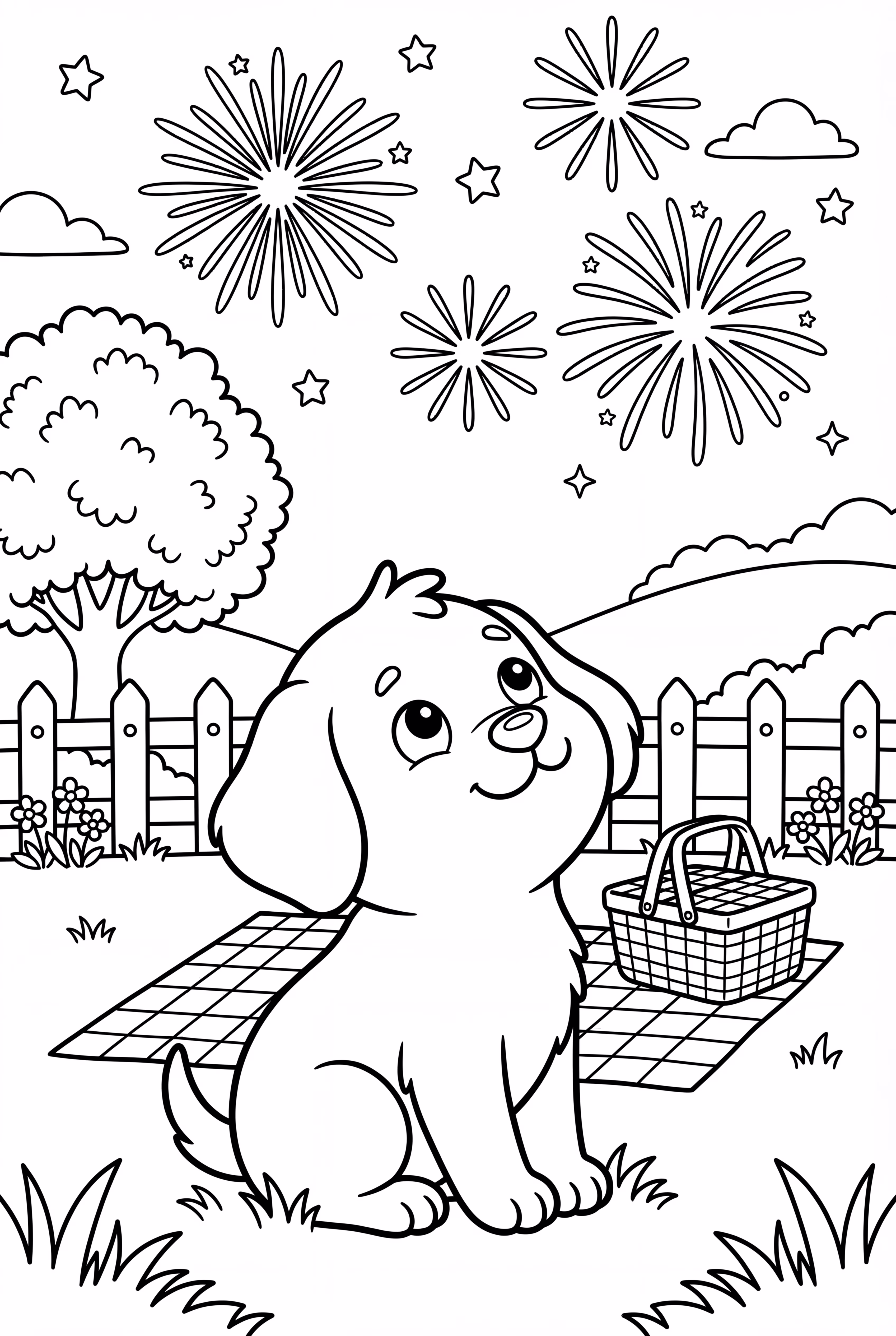 강아지가 불꽃놀이를 지켜보는 모습