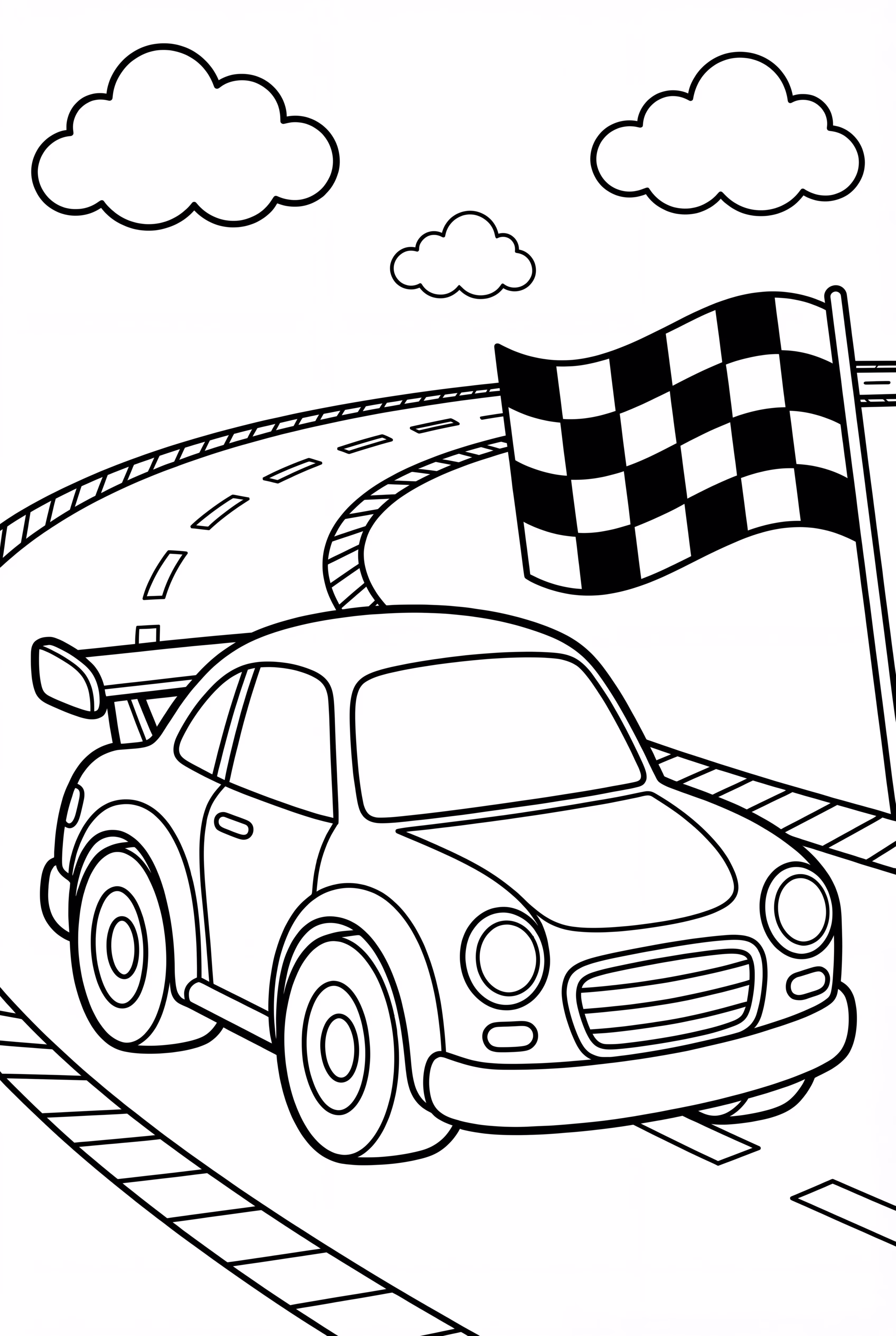 Coche de carrera y bandera de meta en cuadros