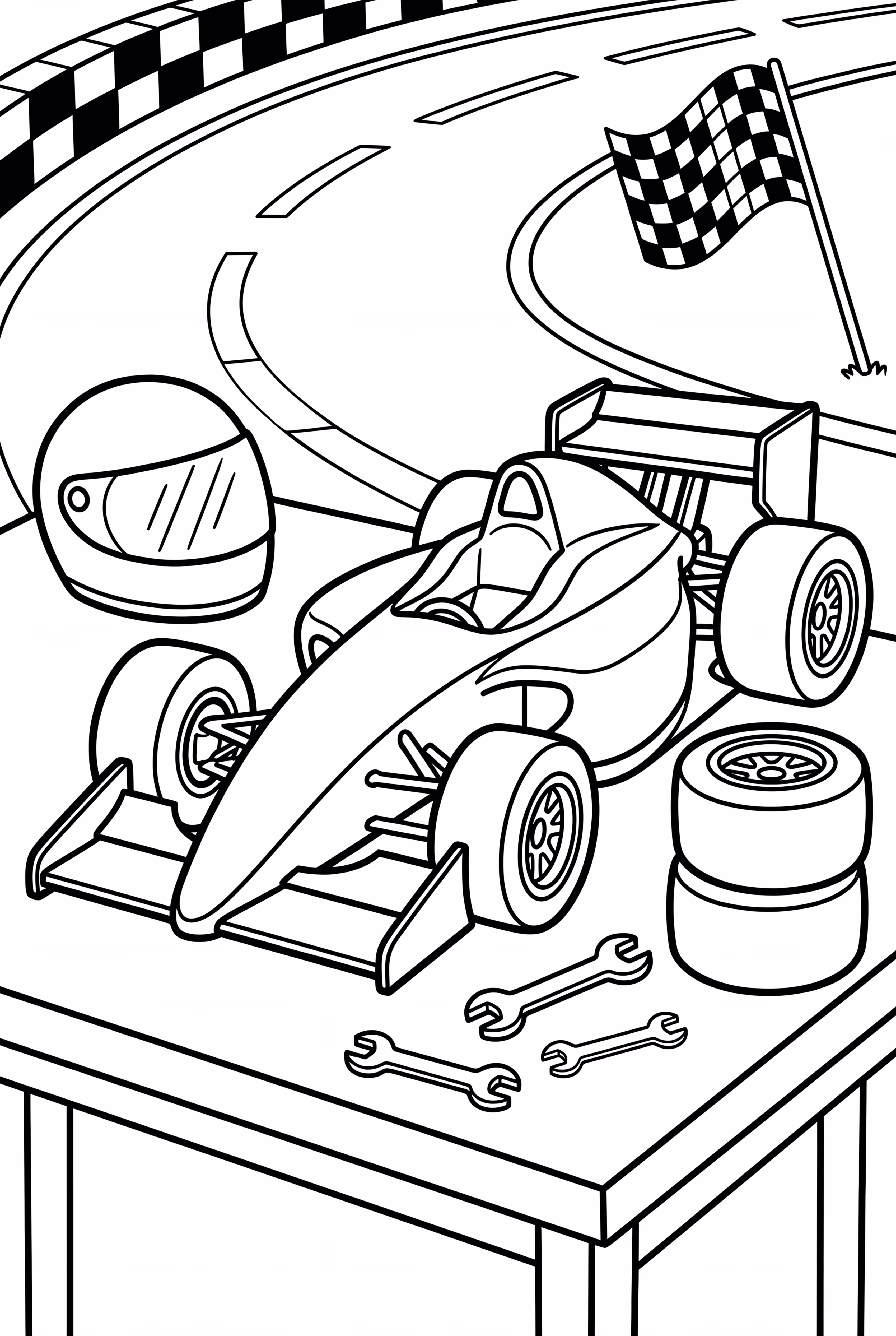 Race Car And Helmet On A Pit Stop Table