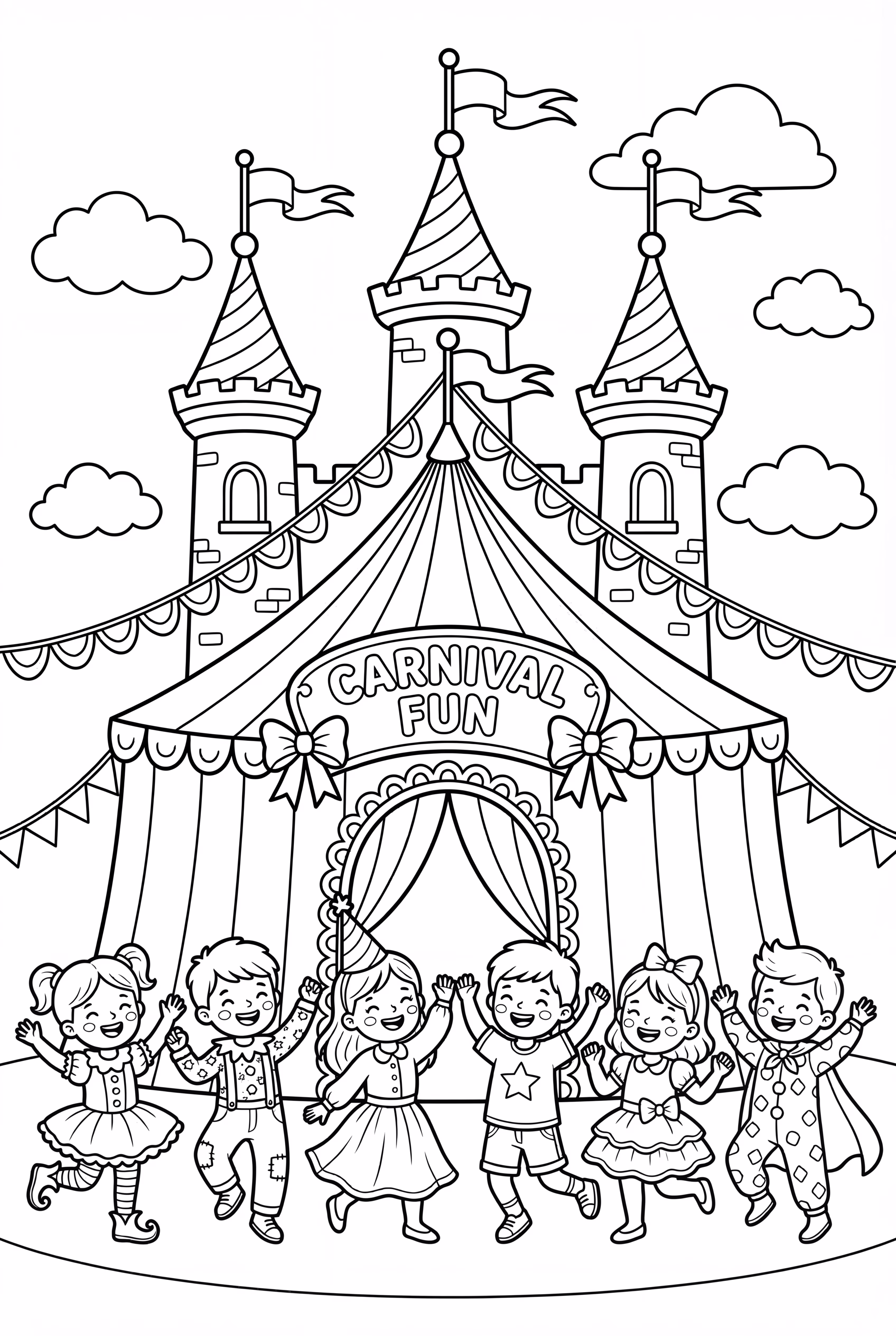 Rainbow Kingdom carnival with characters dancing in front of rainbow castle