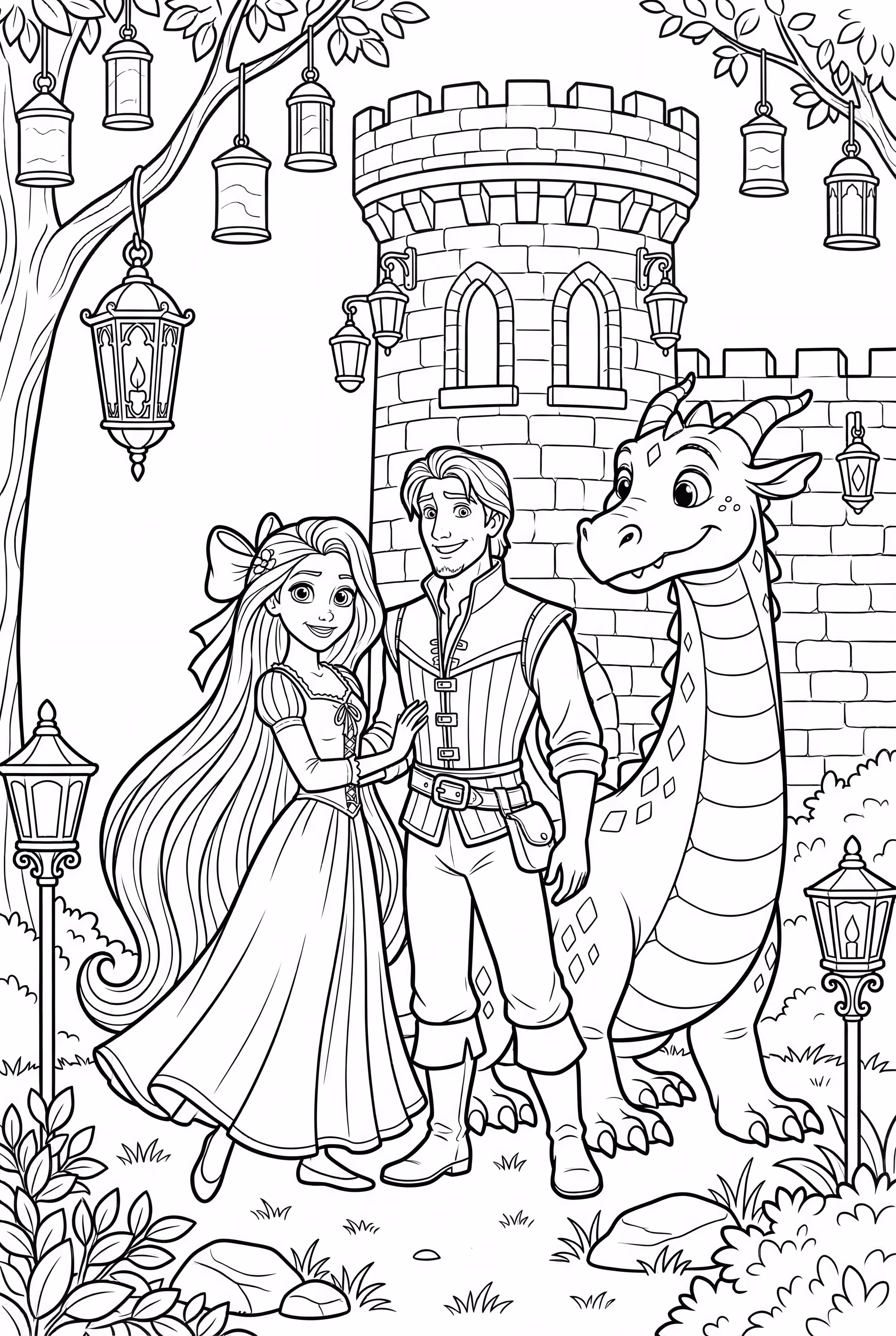 Rapunzel and Flynn Encountering a Dragon