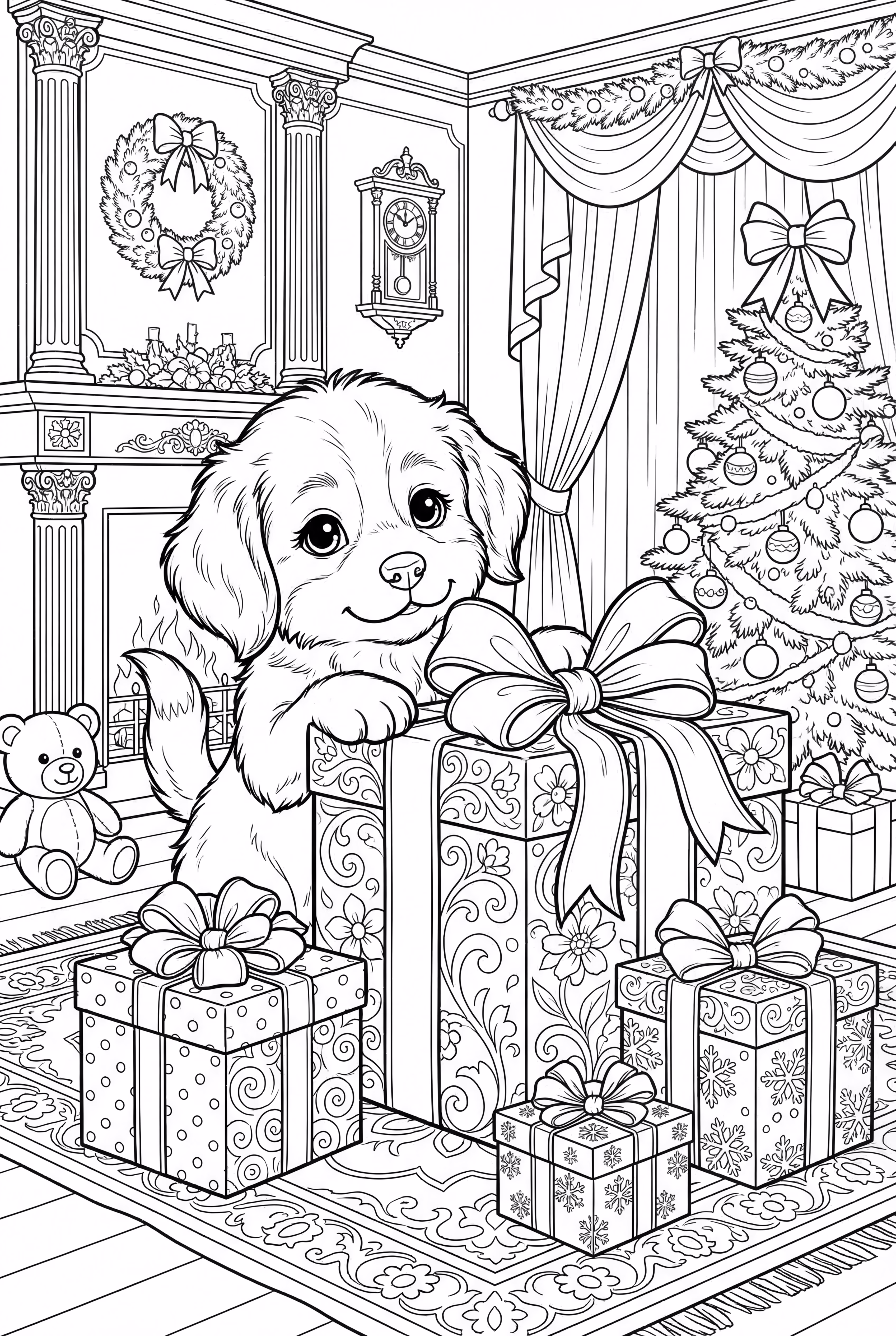 逼真的圣诞小狗与礼物