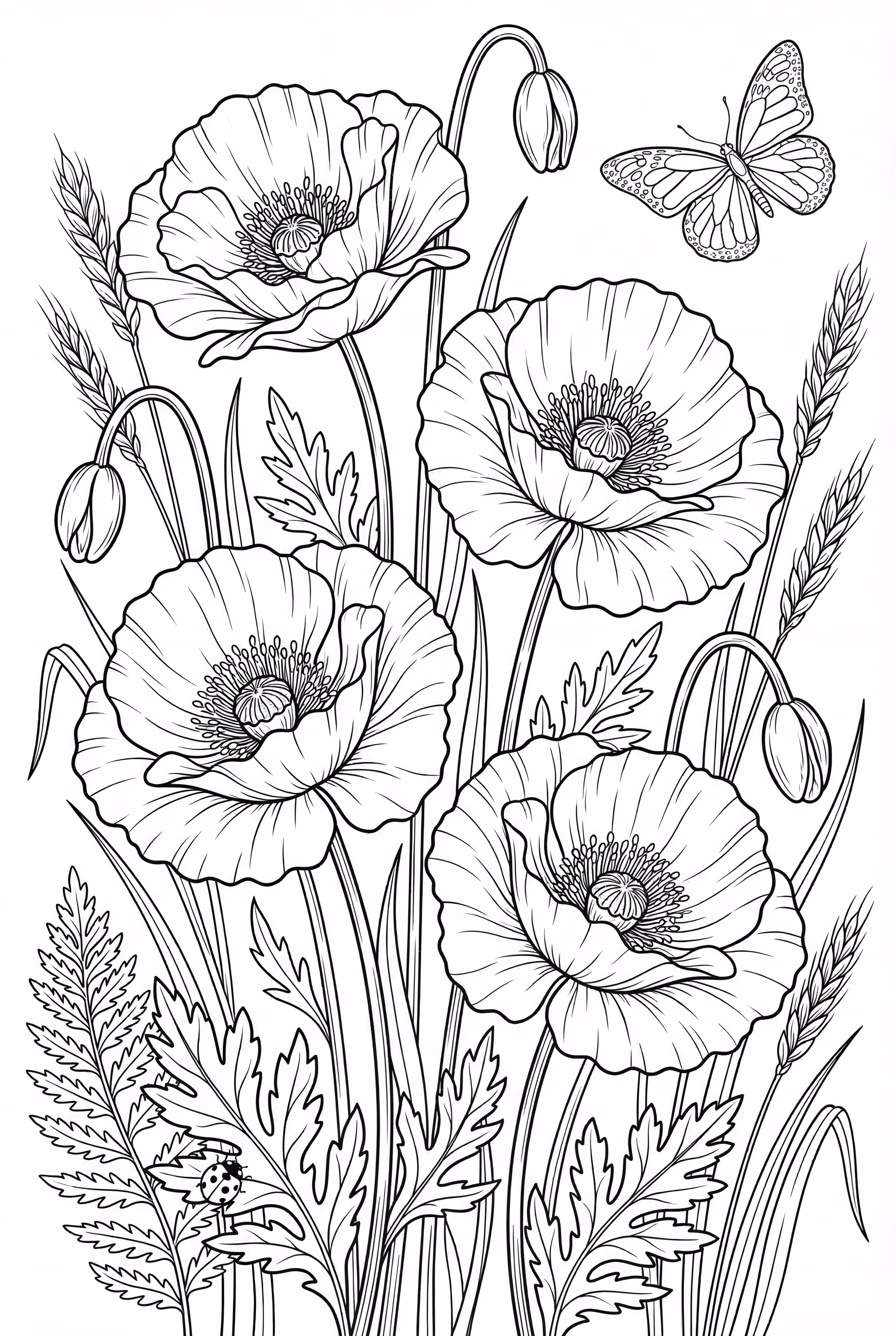 写实罂粟花植物插图