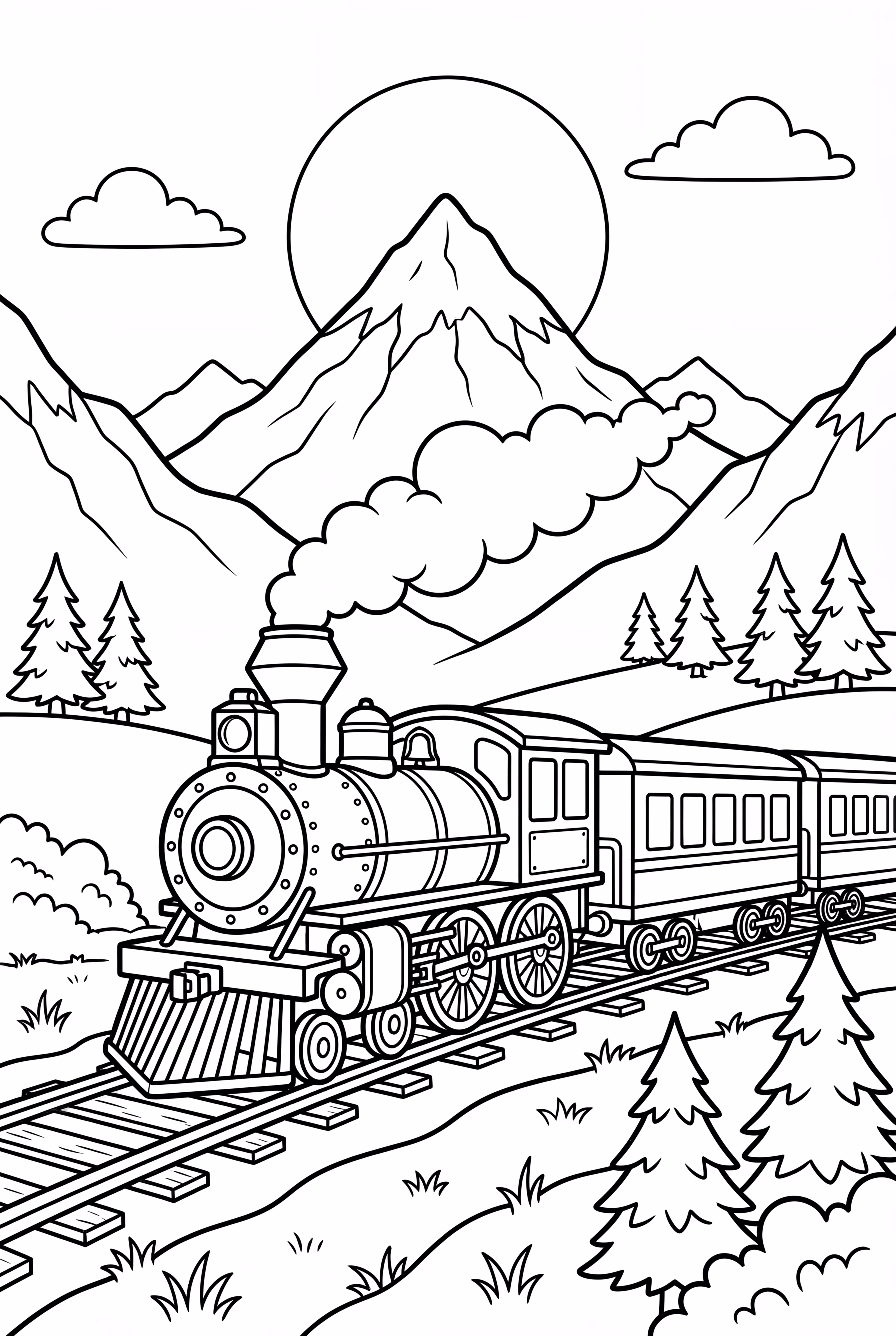 realistic steam train in a mountain landscape