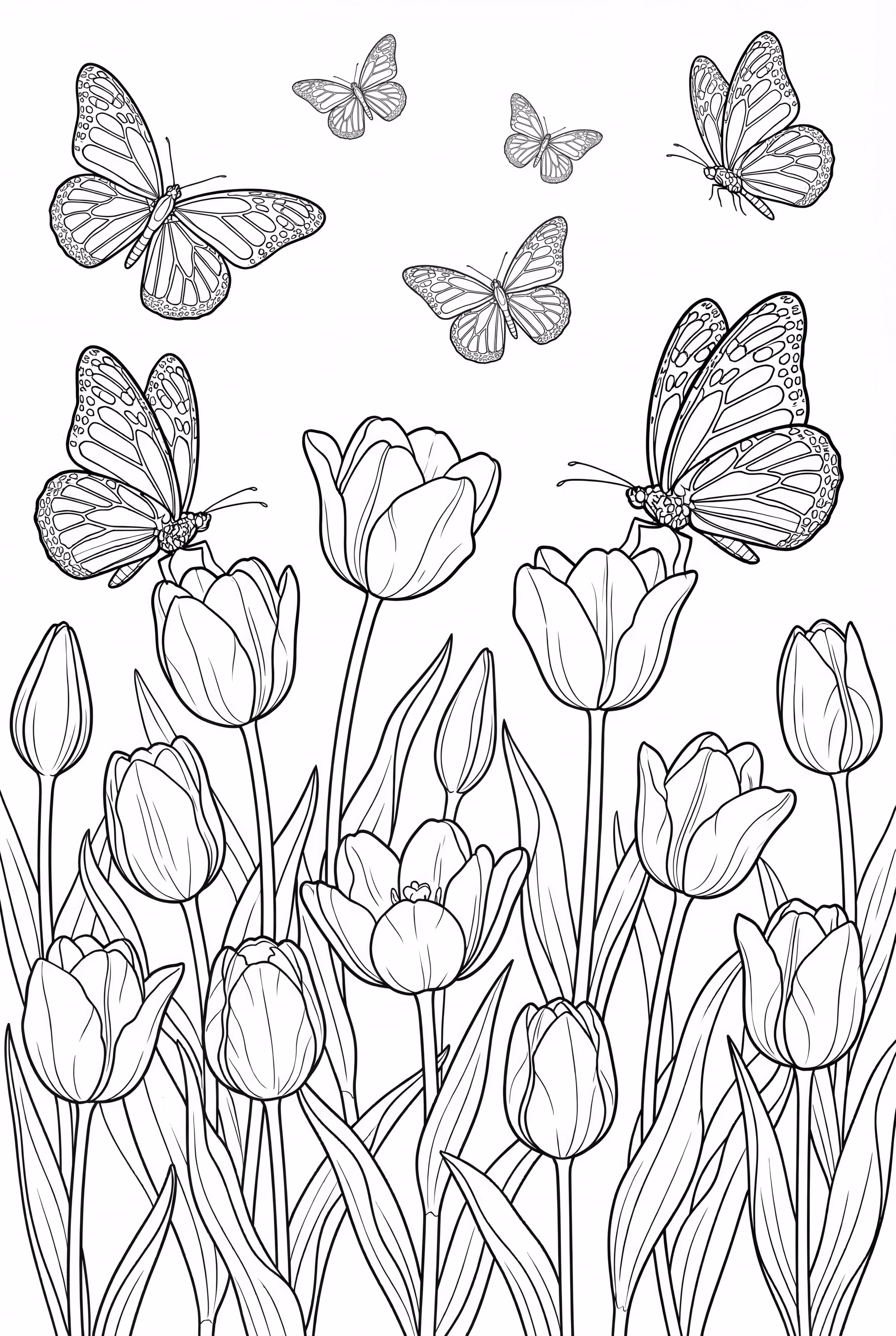 Jardín de Tulipanes Realista con Mariposas