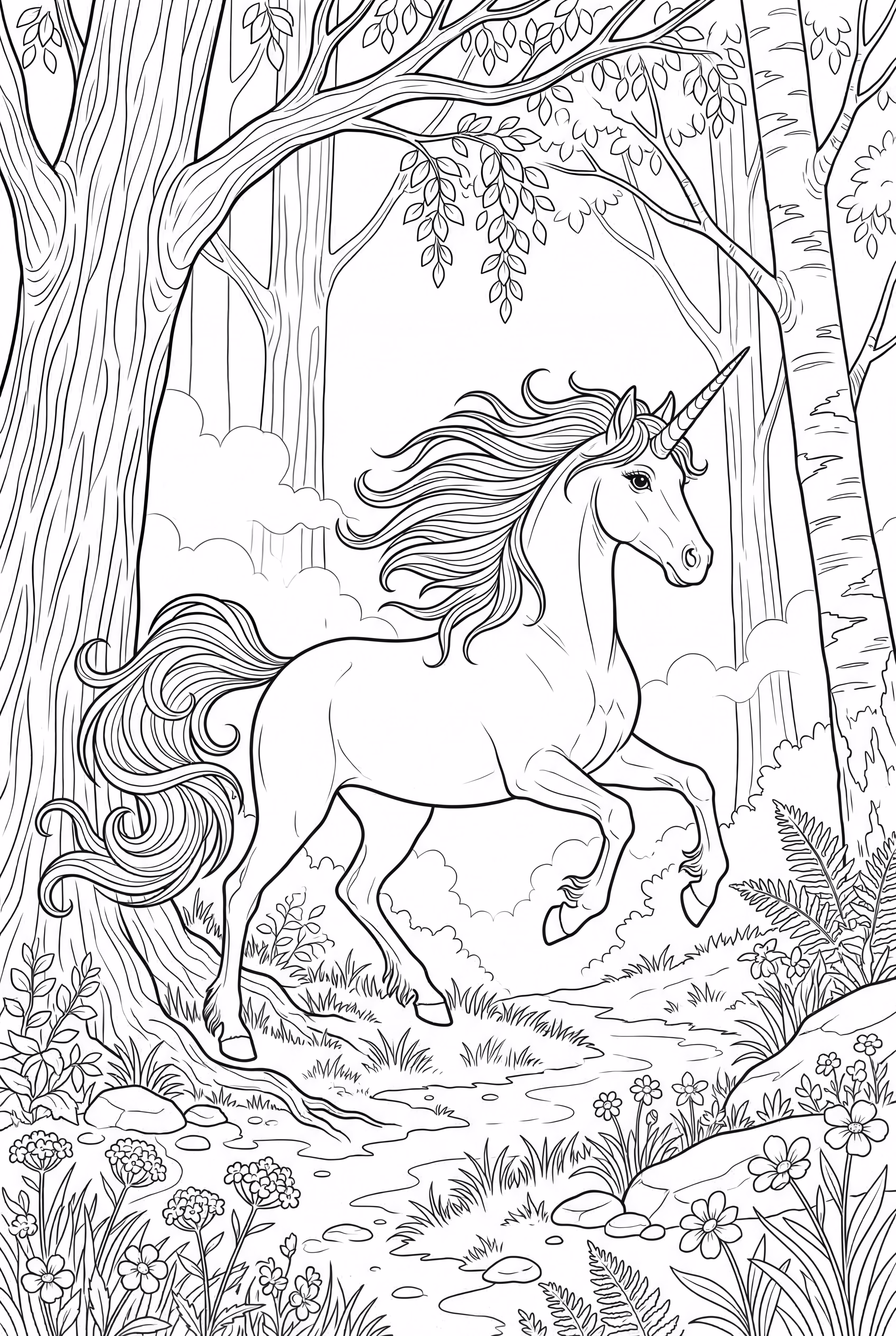 licorne réaliste courant à travers une forêt brumeuse-2