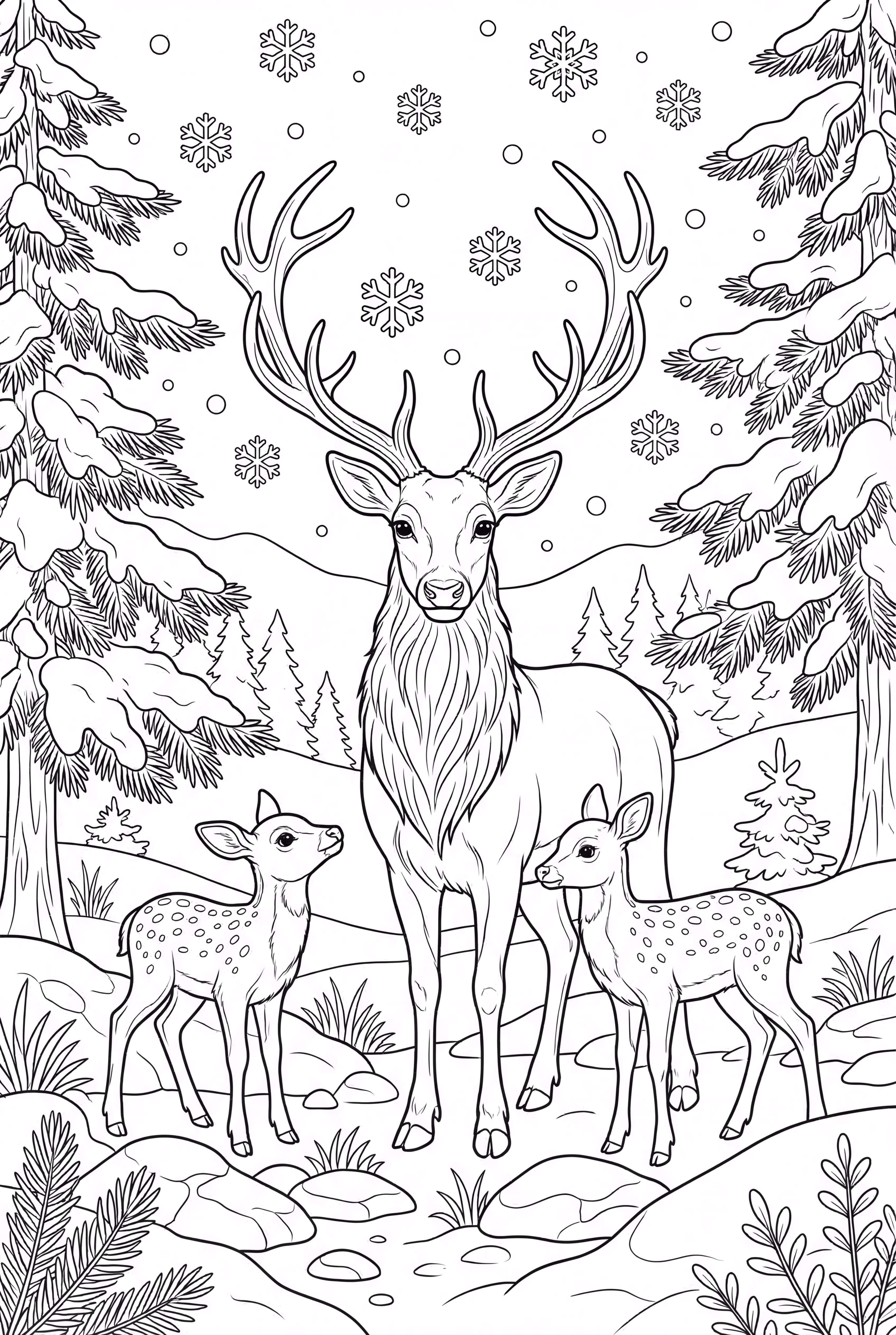 reindeer family in snowy landscape