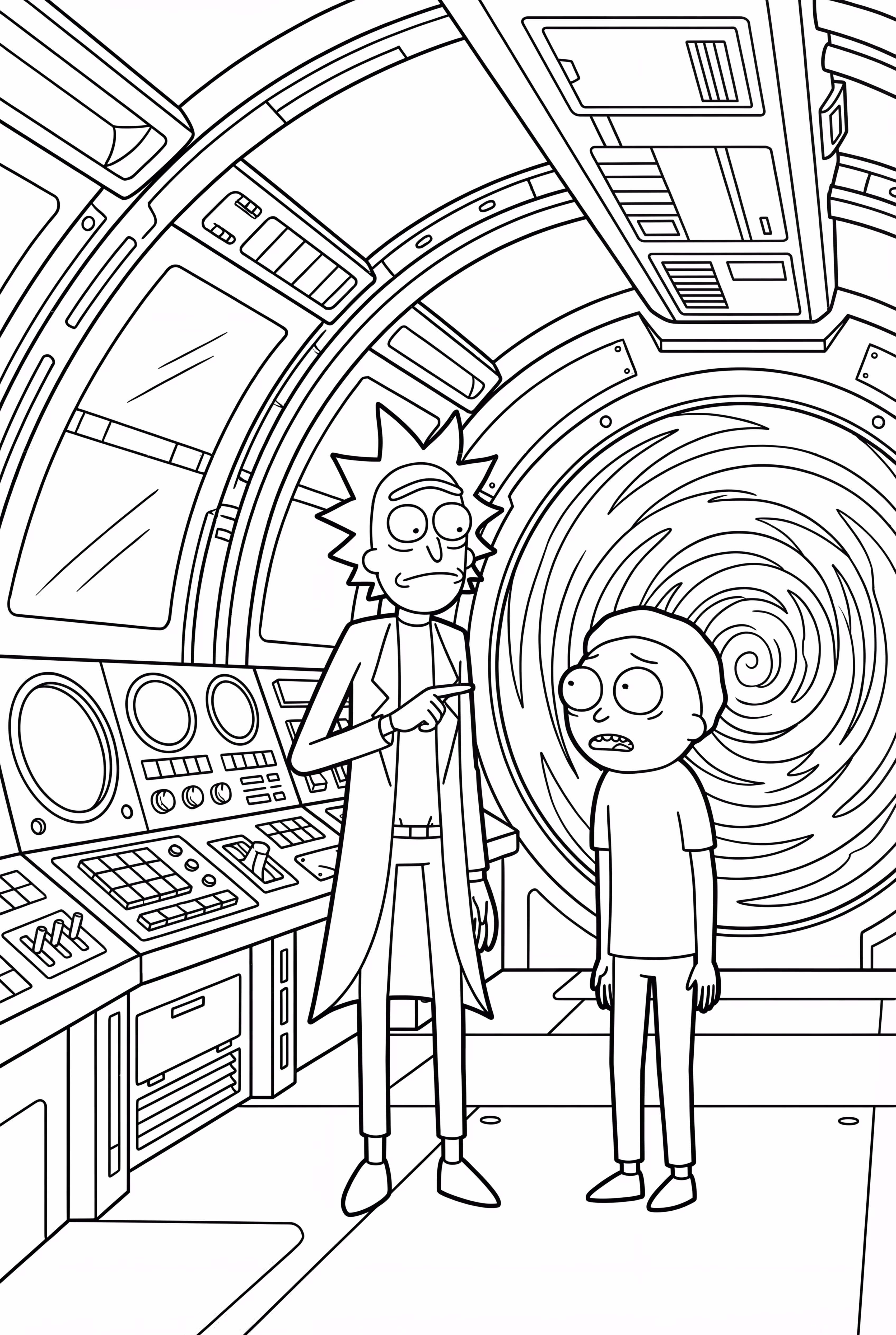Rick und Morty in einer Zeitreisemaschine