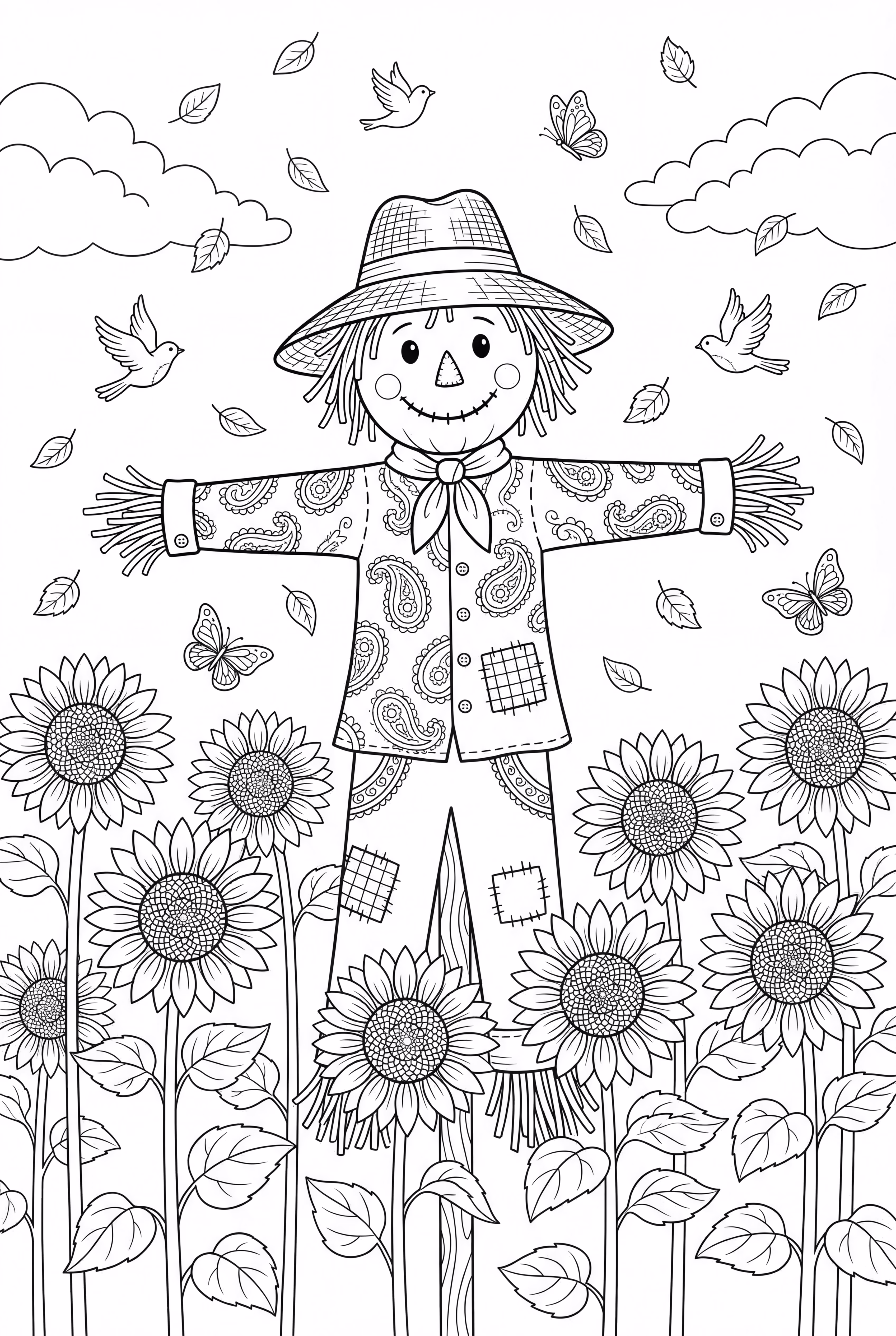 稻草人和高耸的向日葵花田