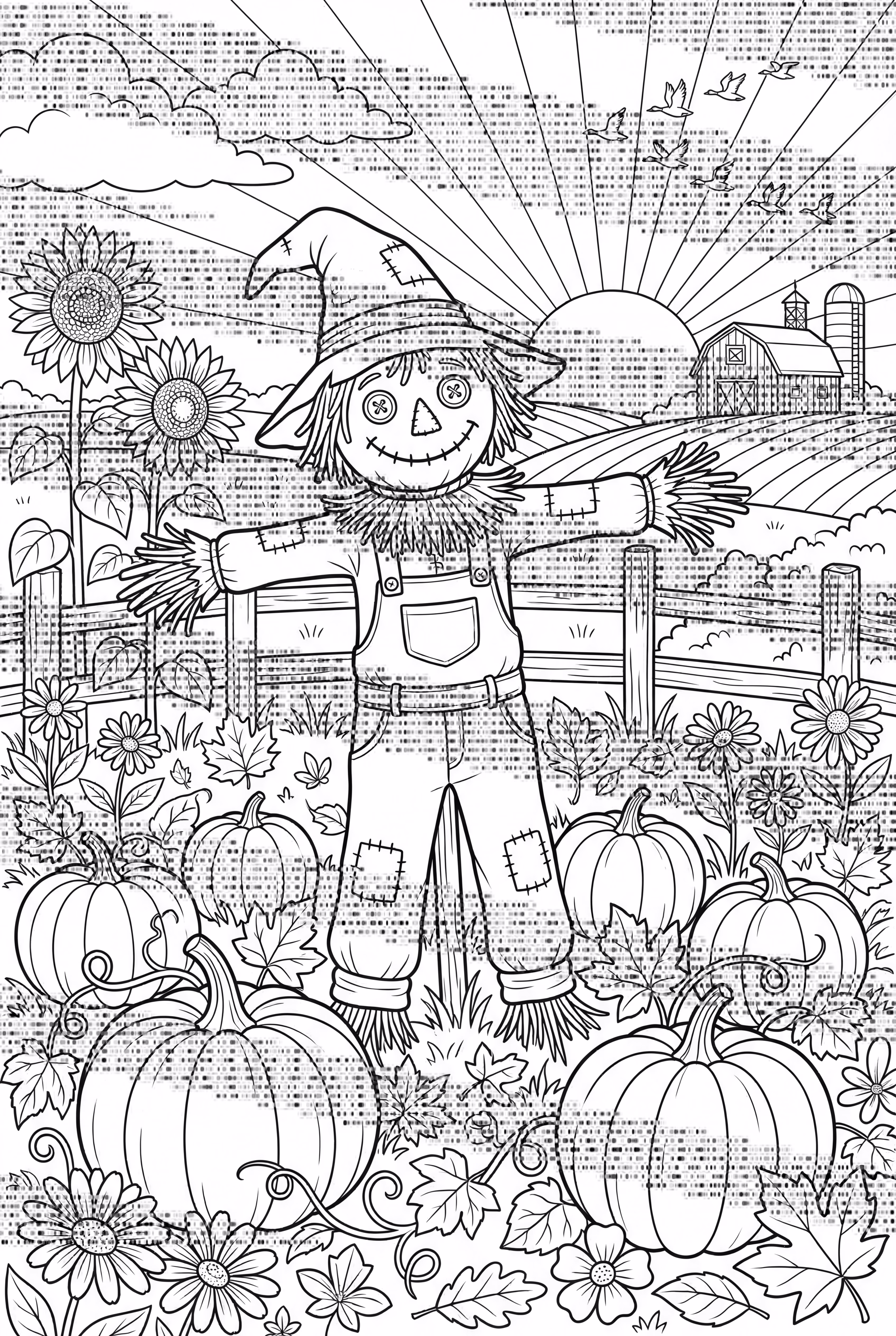 Epouvantail dans un champ de citrouilles au coucher du soleil