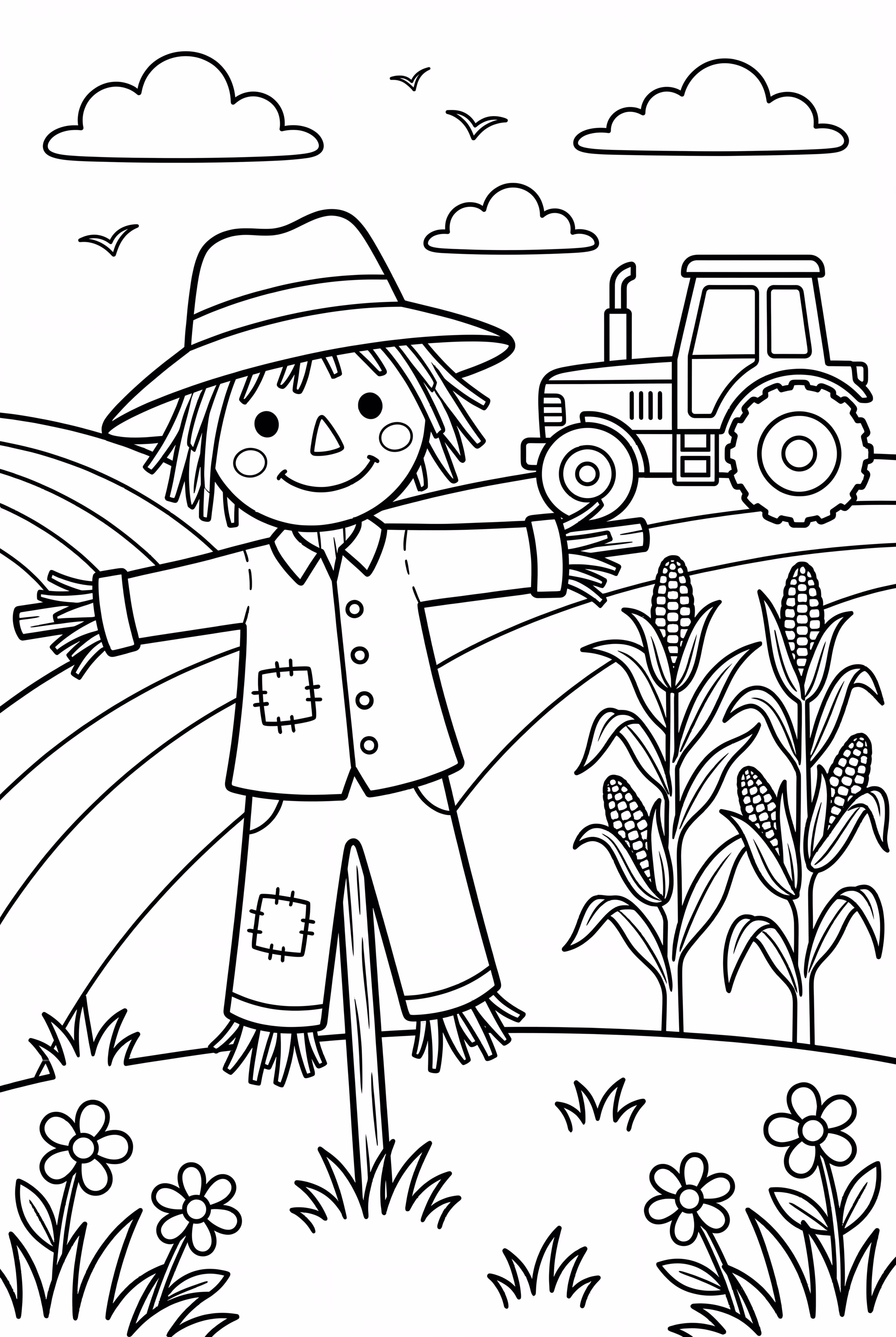Scarecrow Watching A Tractor In The Field