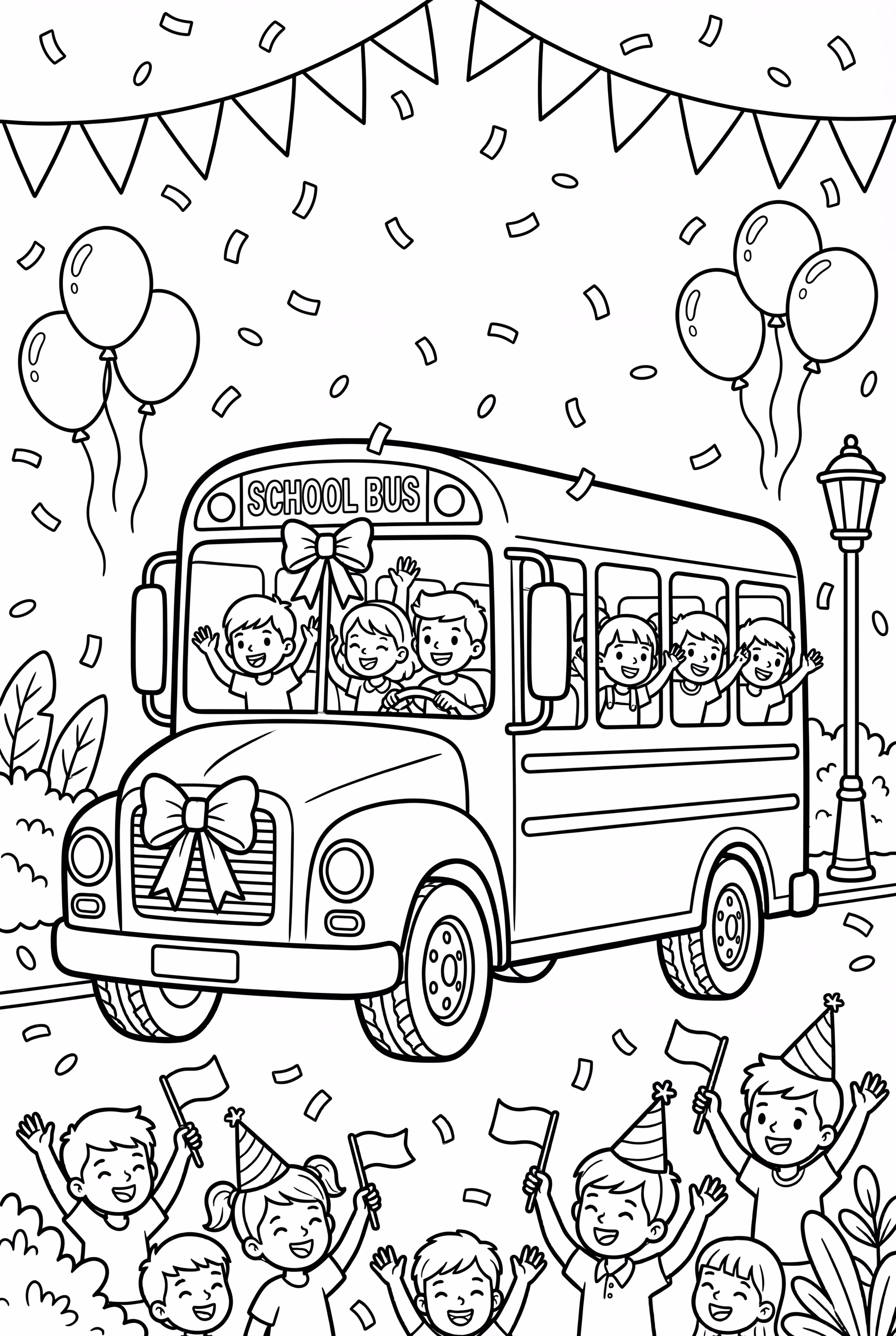 花瓣和彩带中的游行校车