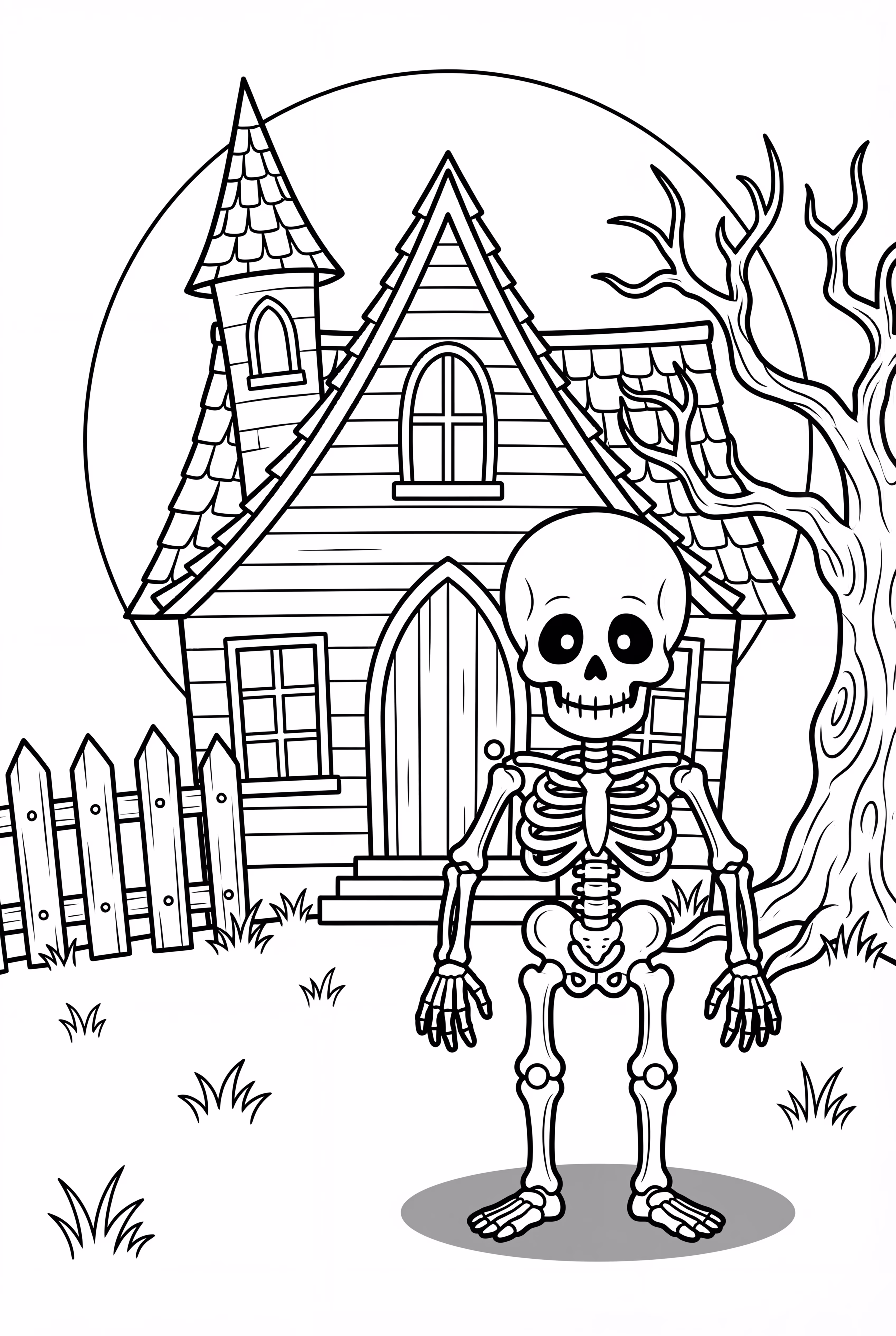 Skeleton in front of a haunted house under the night sky