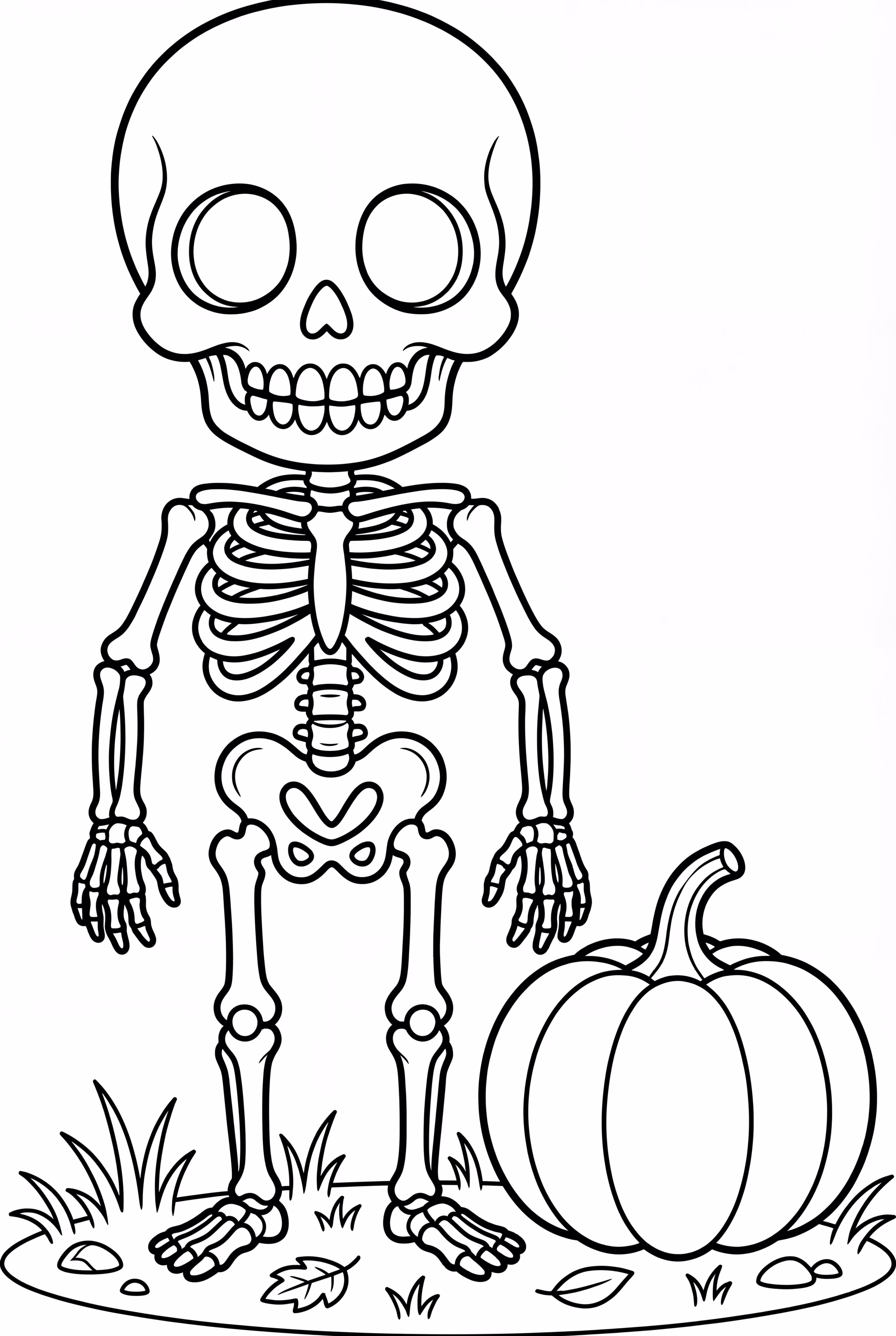 Skeleton smiling next to a pumpkin