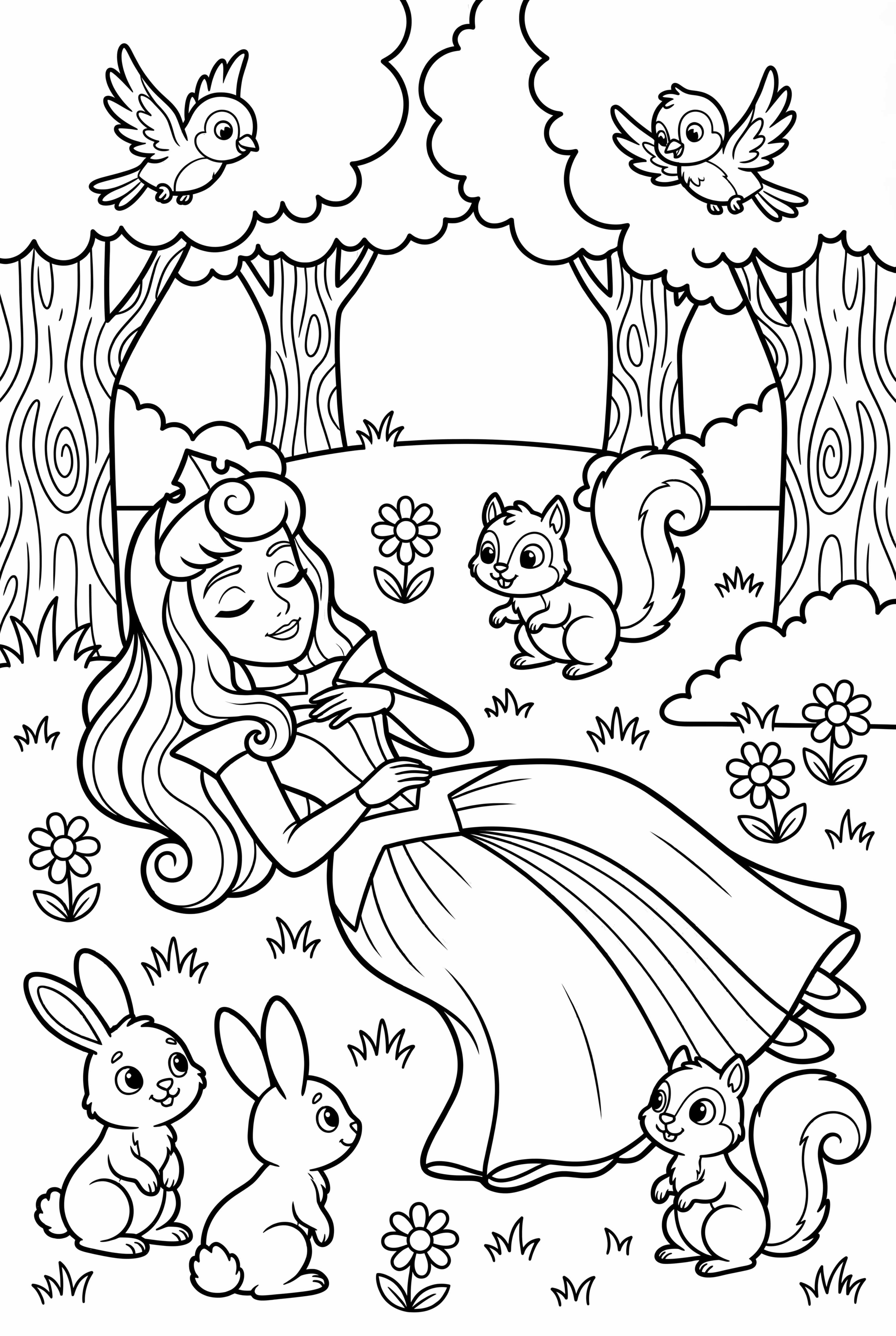 Dornröschen mit ihren Waldtierfreunden