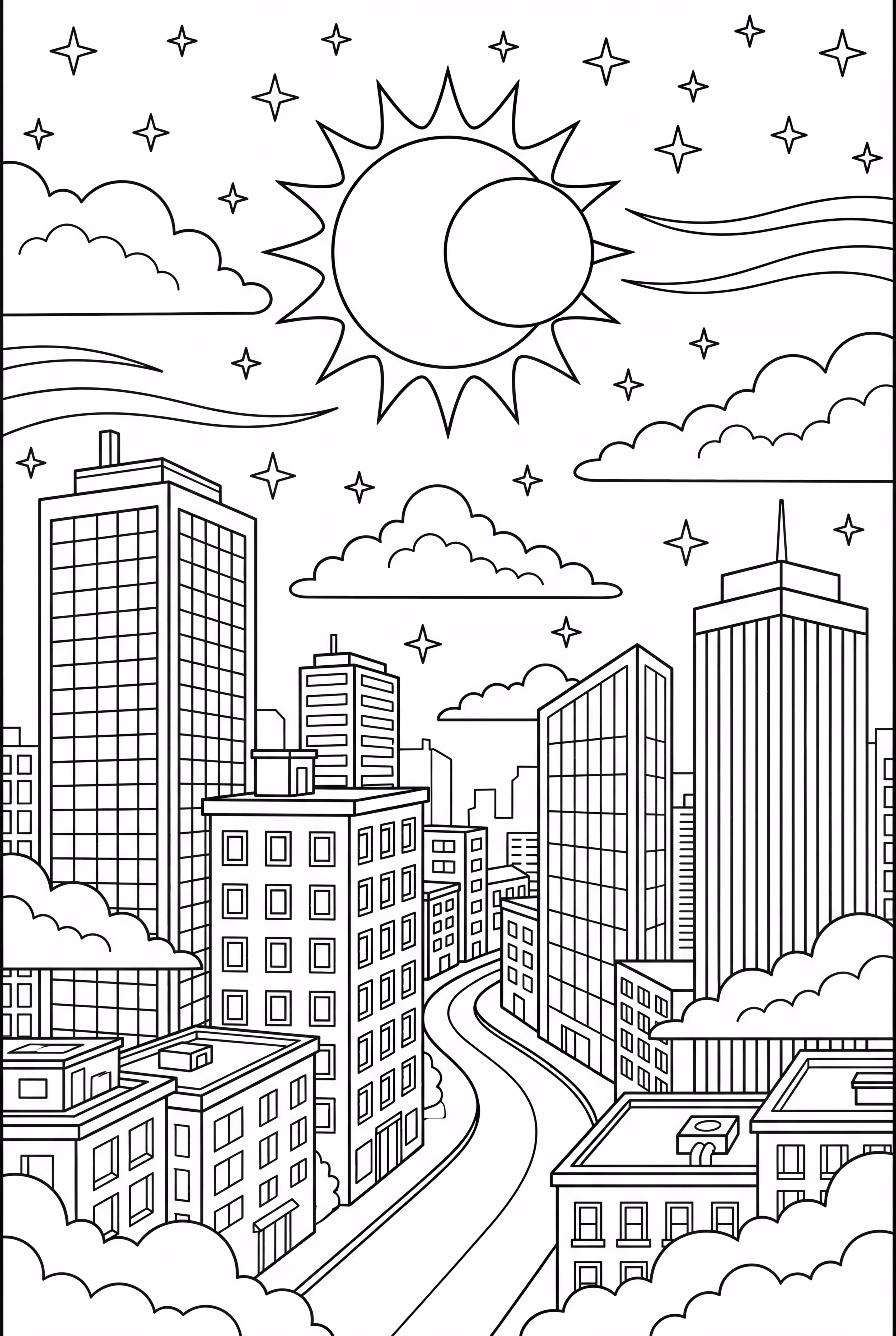 Éclipse solaire sur une silhouette de ville-2