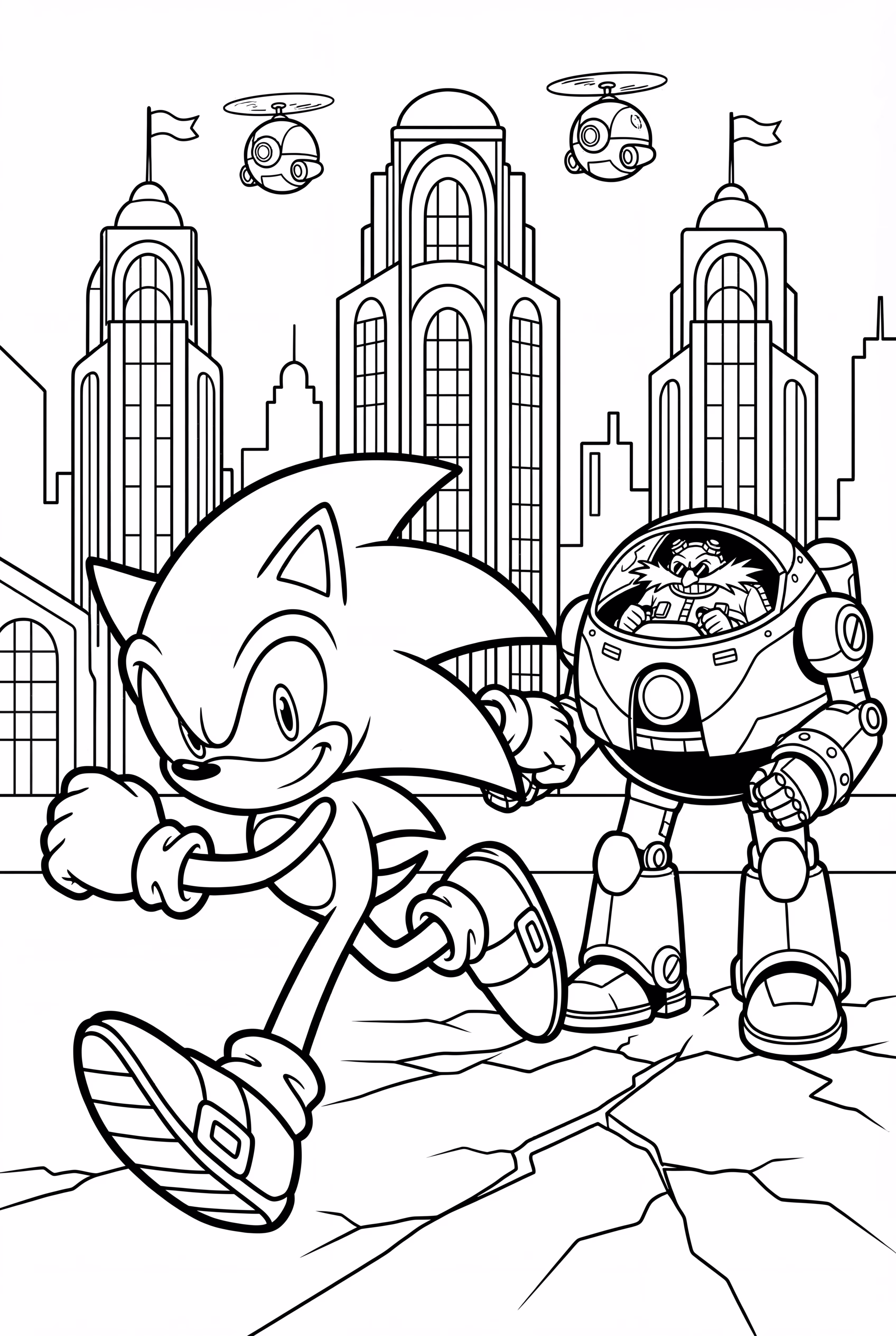 sonic and eggman battling in a futuristic city