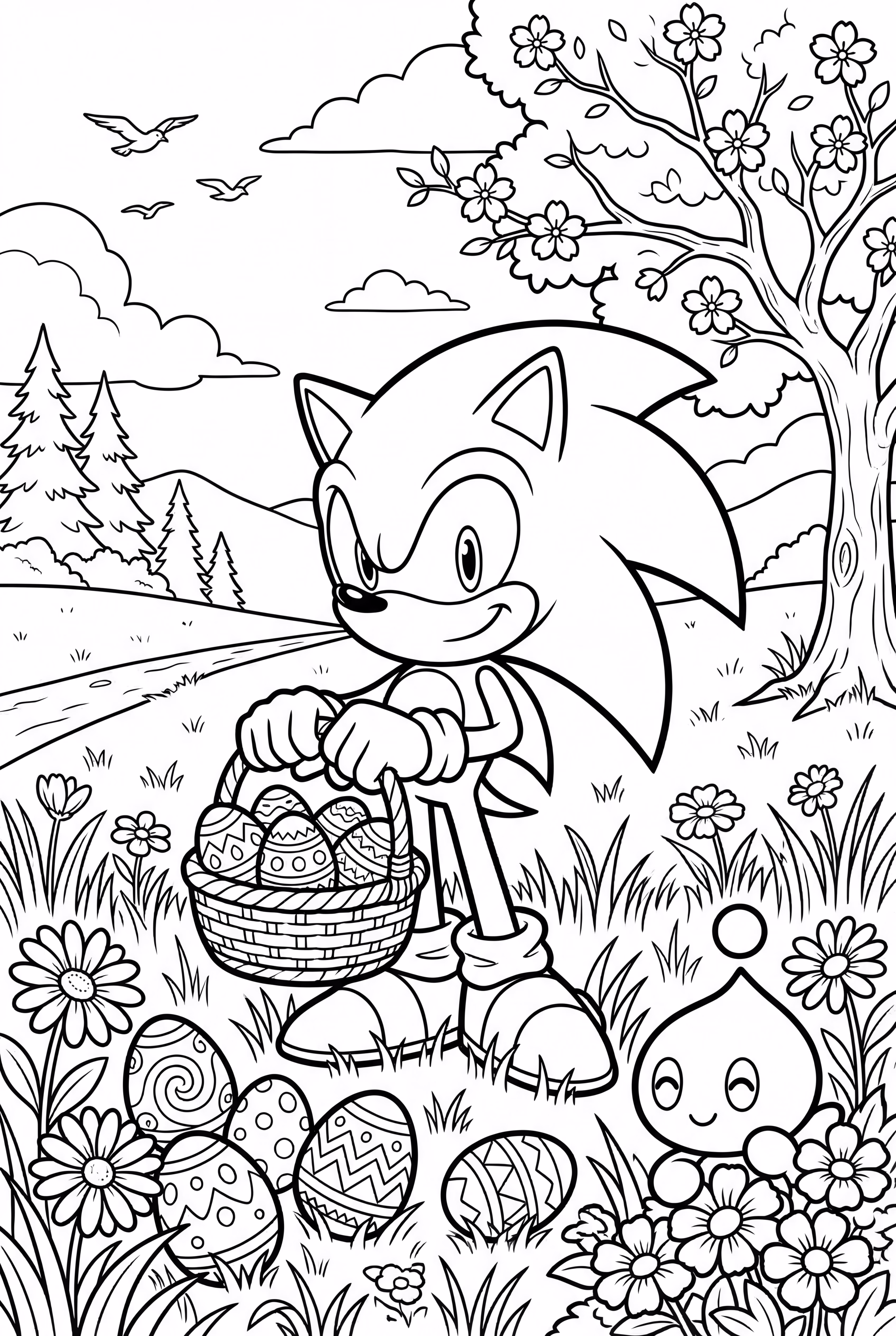 索尼克庆祝复活节，手里拿着装满彩蛋的篮子