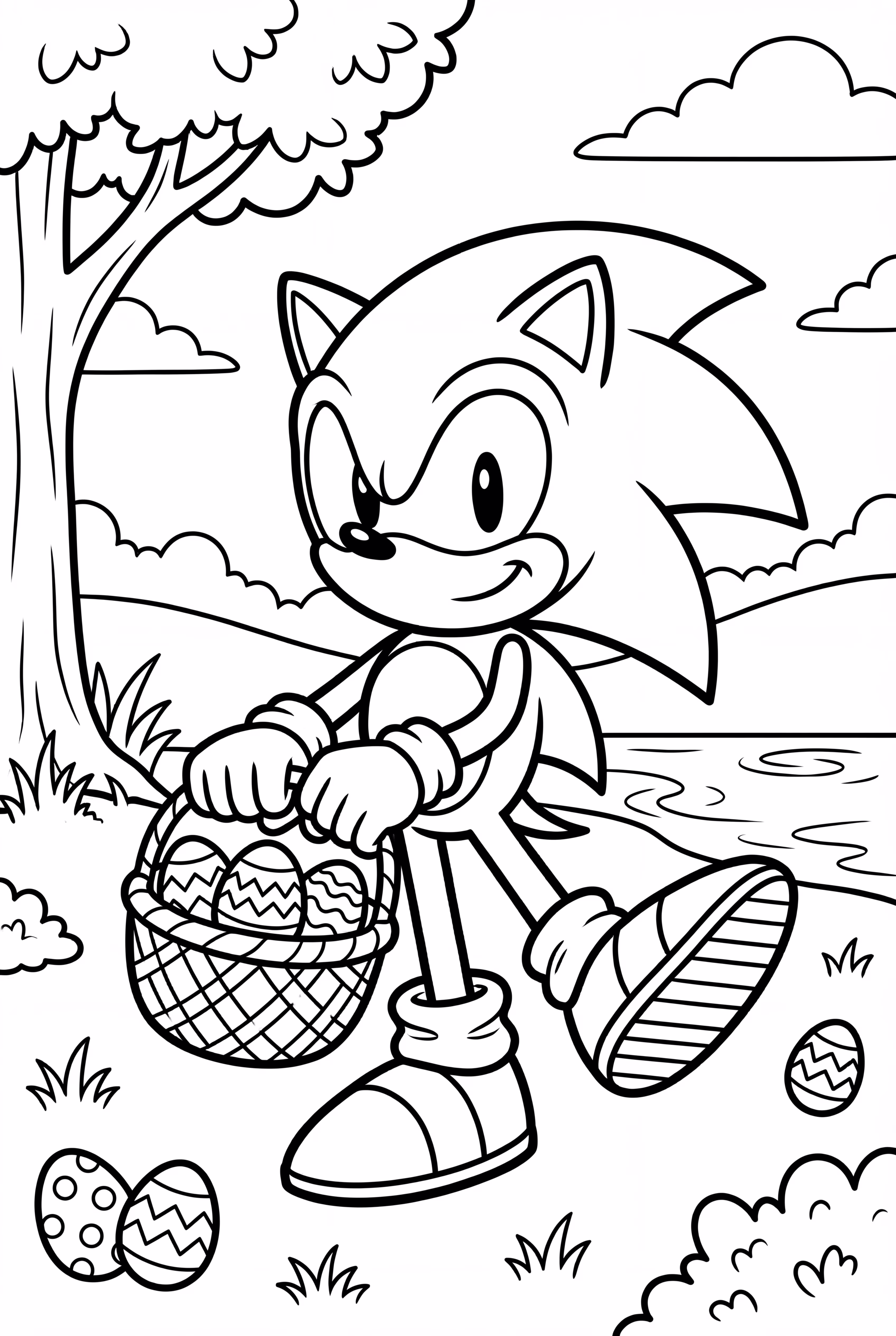 sonic celebrating easter with a basket of eggs