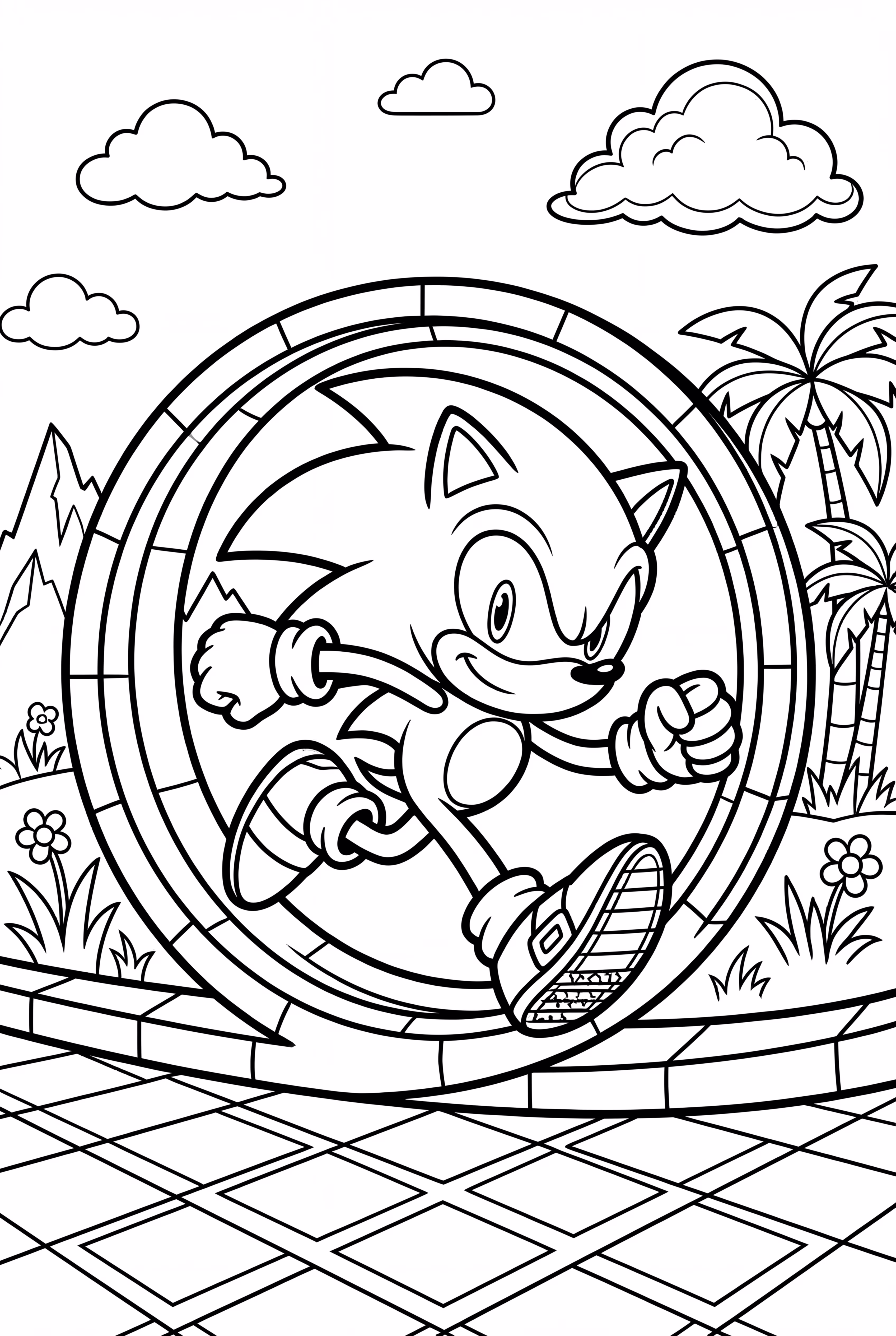 索尼克在绿丘区的环道上奔跑