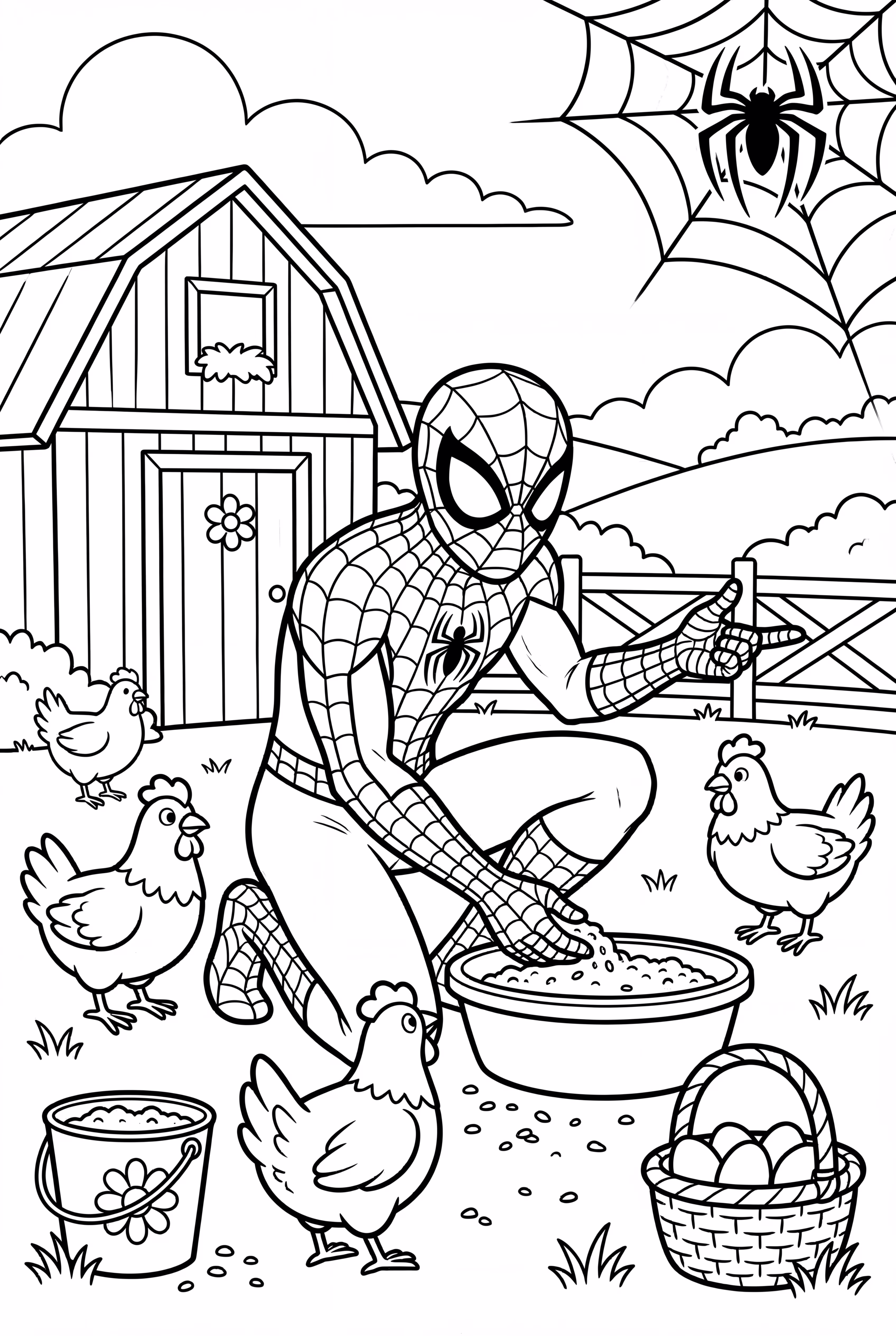 Spiderman feeding chickens on a farm