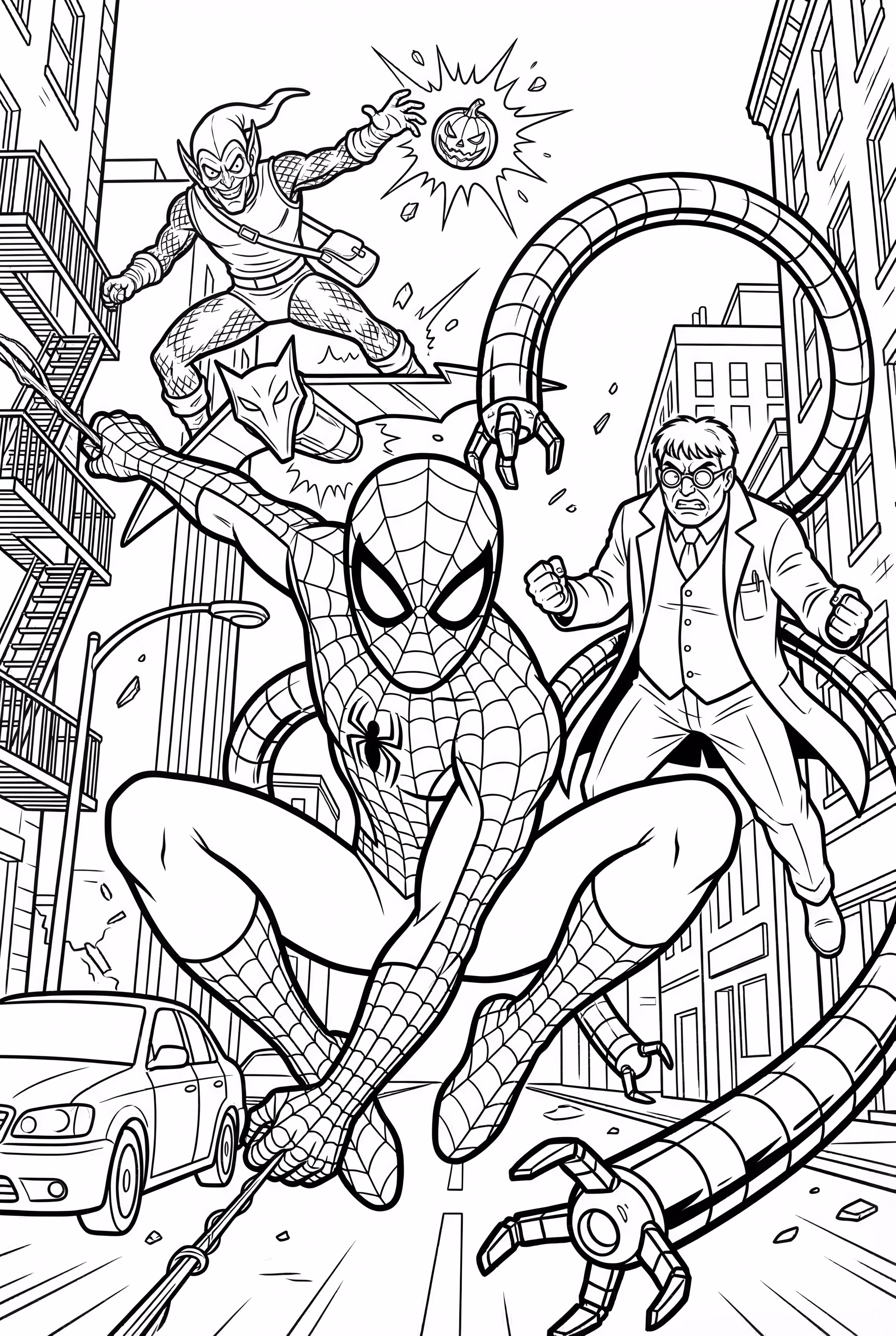 蜘蛛侠在城市街道上与恶棍战斗