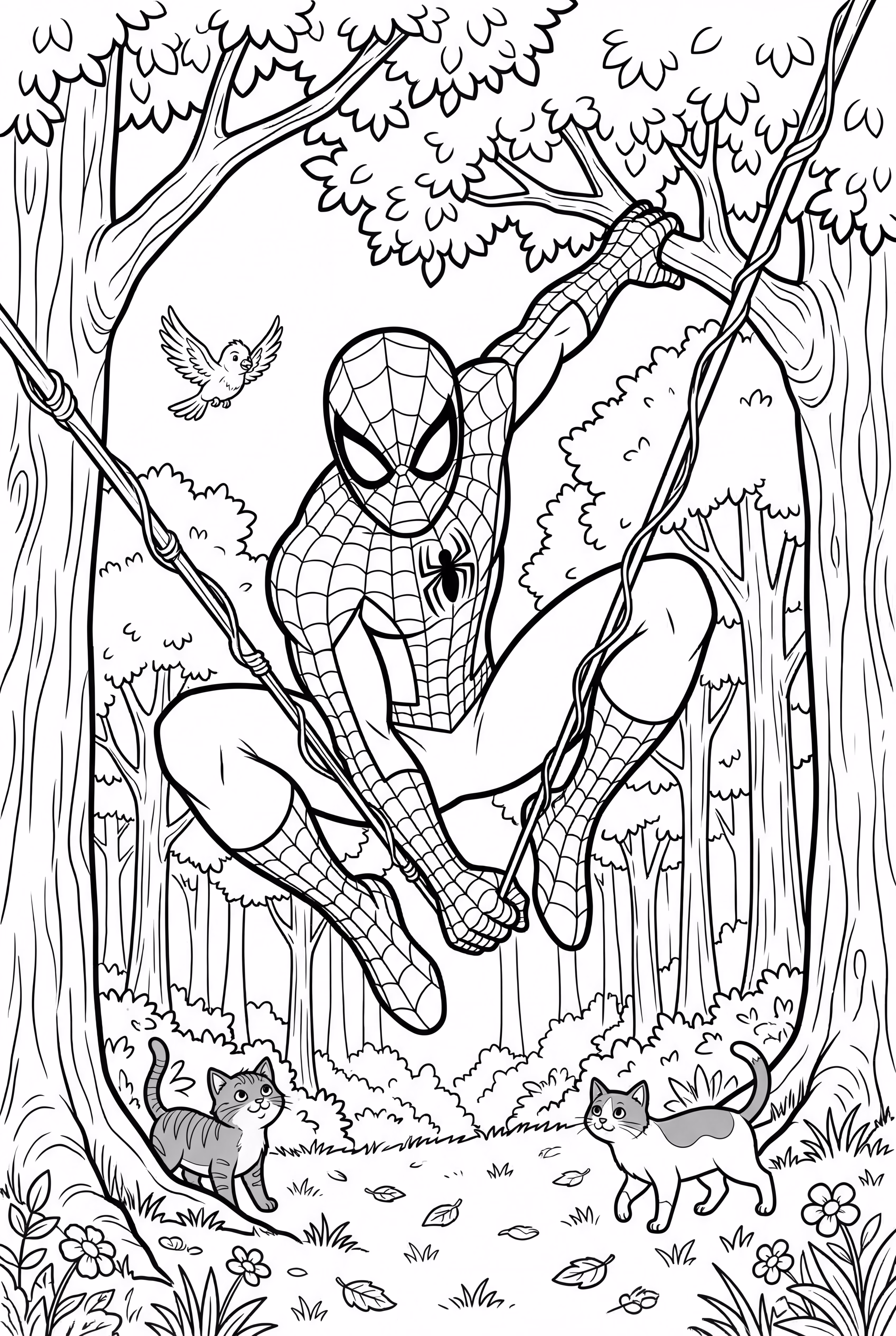 蜘蛛侠在森林中荡秋千