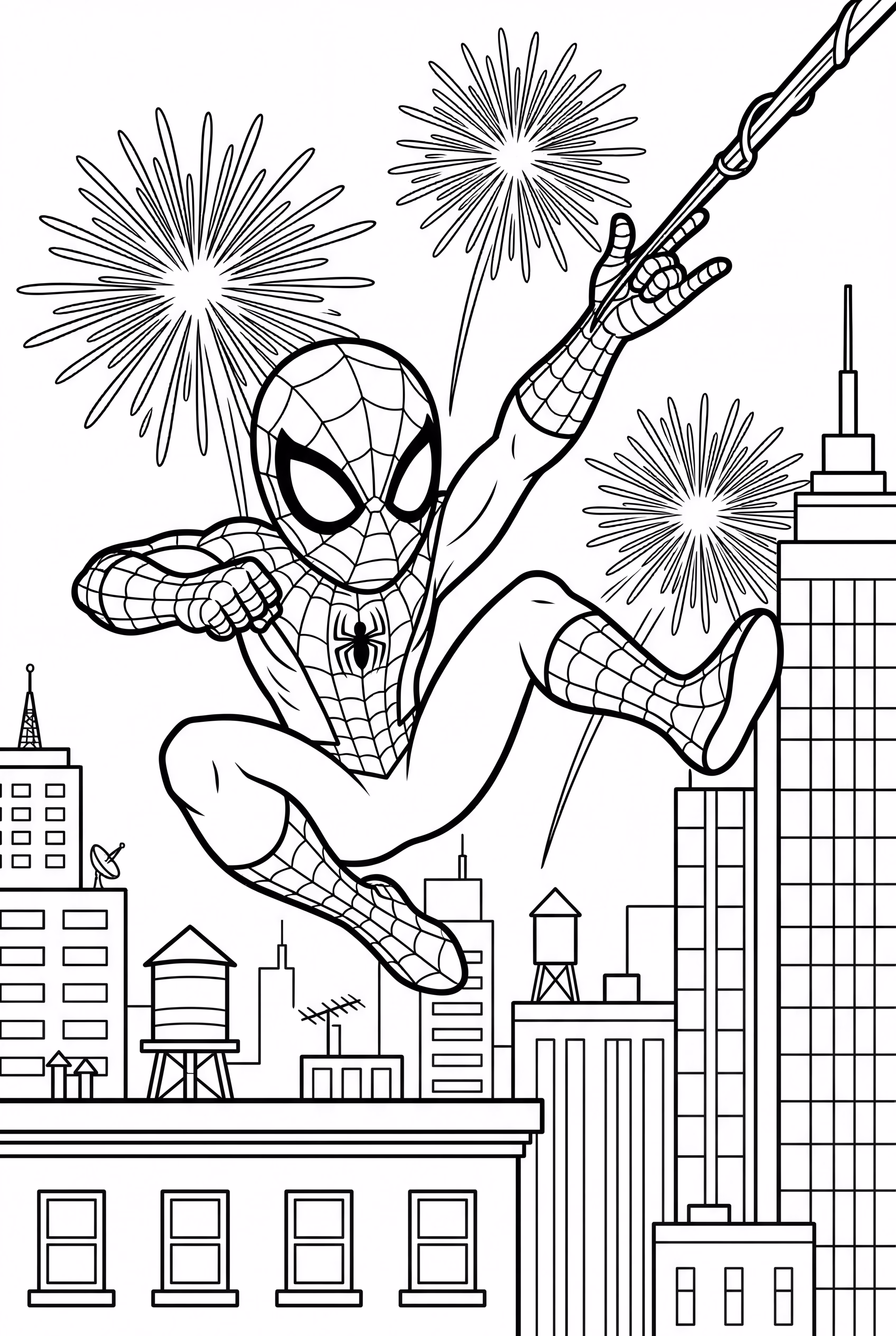 Spiderman Schwingend Durch Feuerwerksdisplay