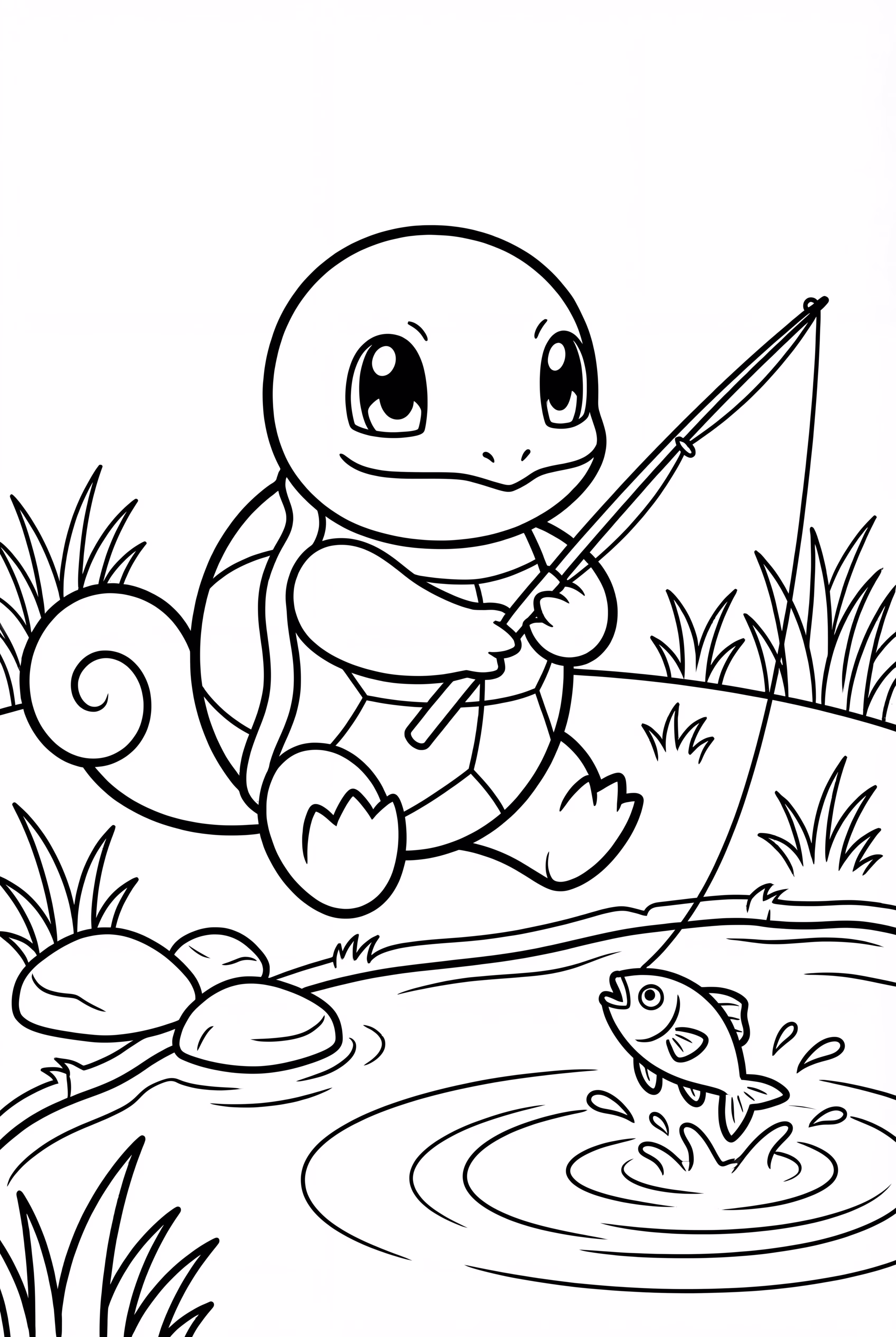 연못가에서 낚시하는 꼬부기