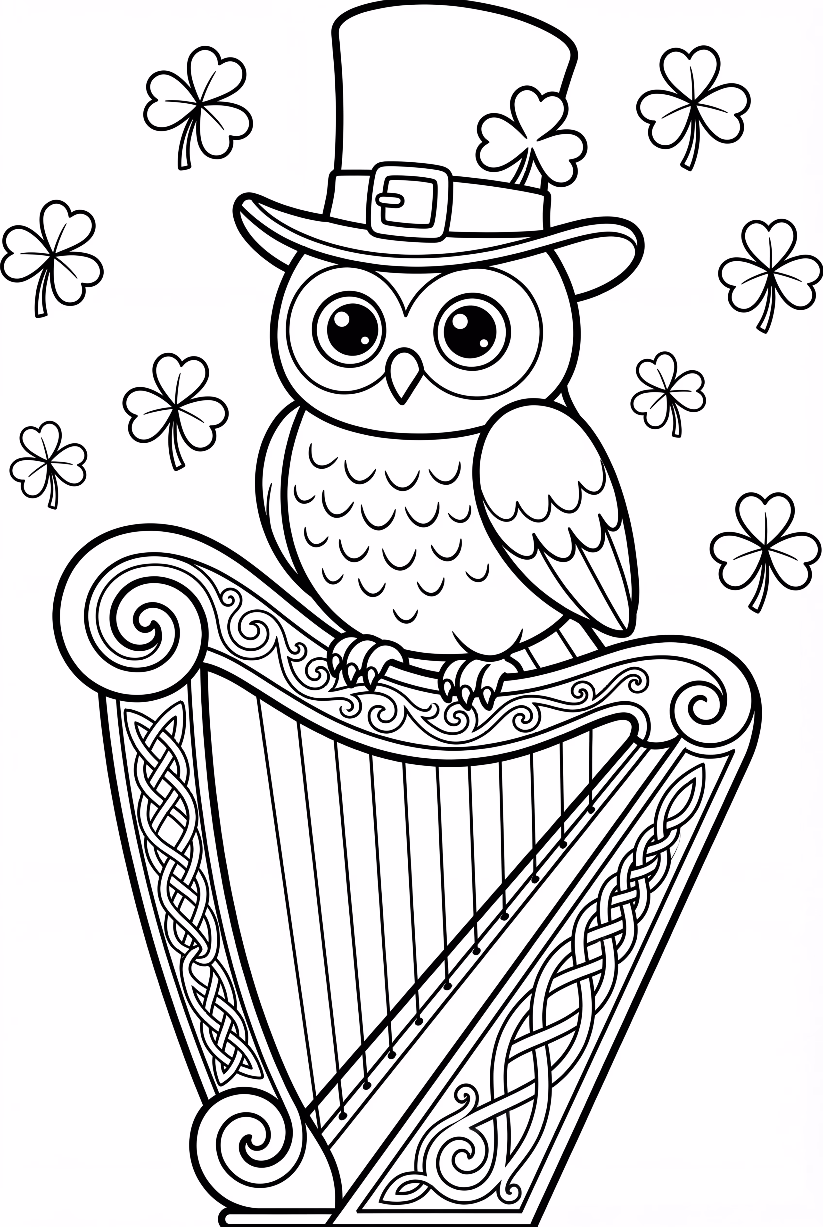 ハープにとまったセントパトリックスデーのフクロウ