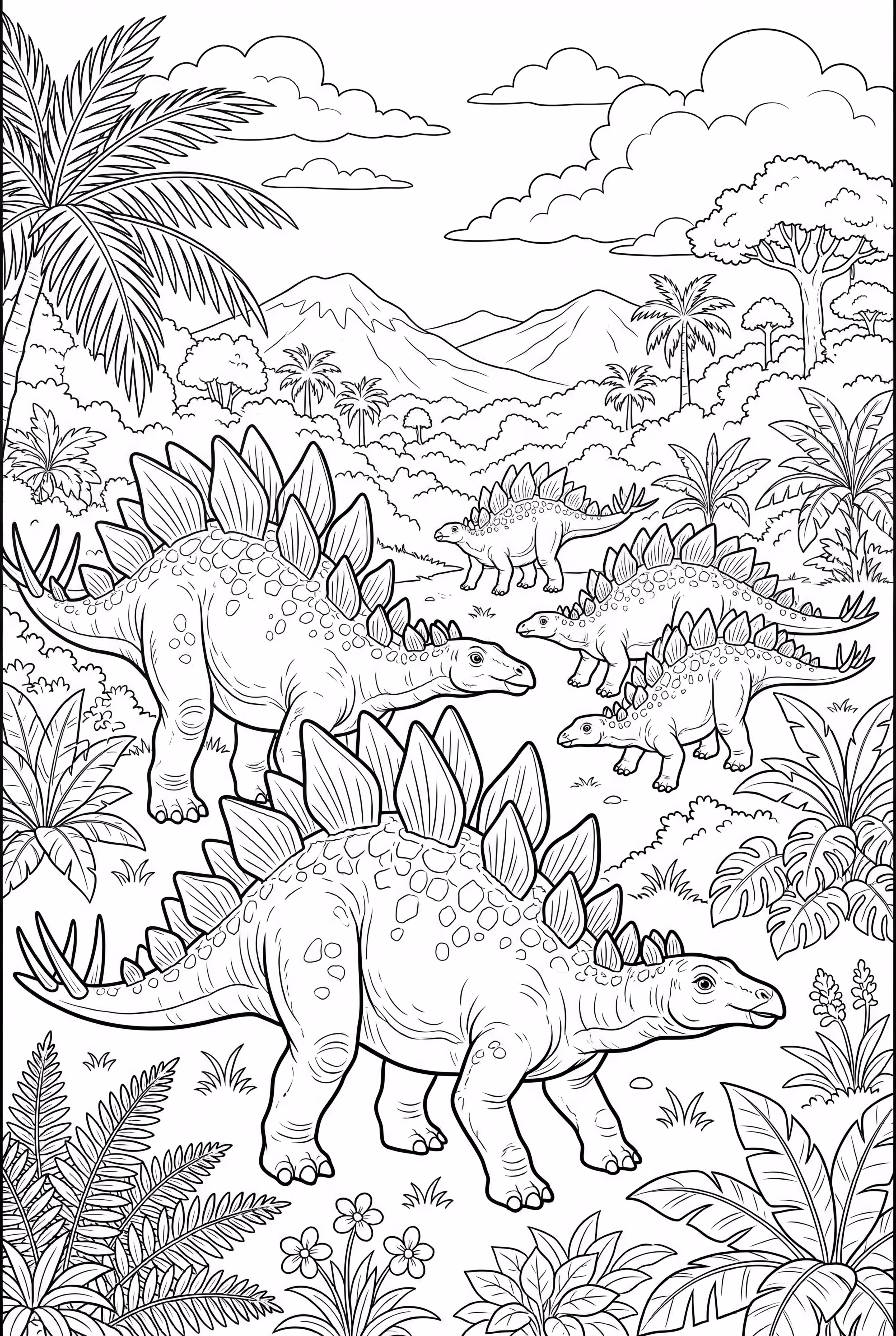 Stegosaurus Family In A Detailed Landscape