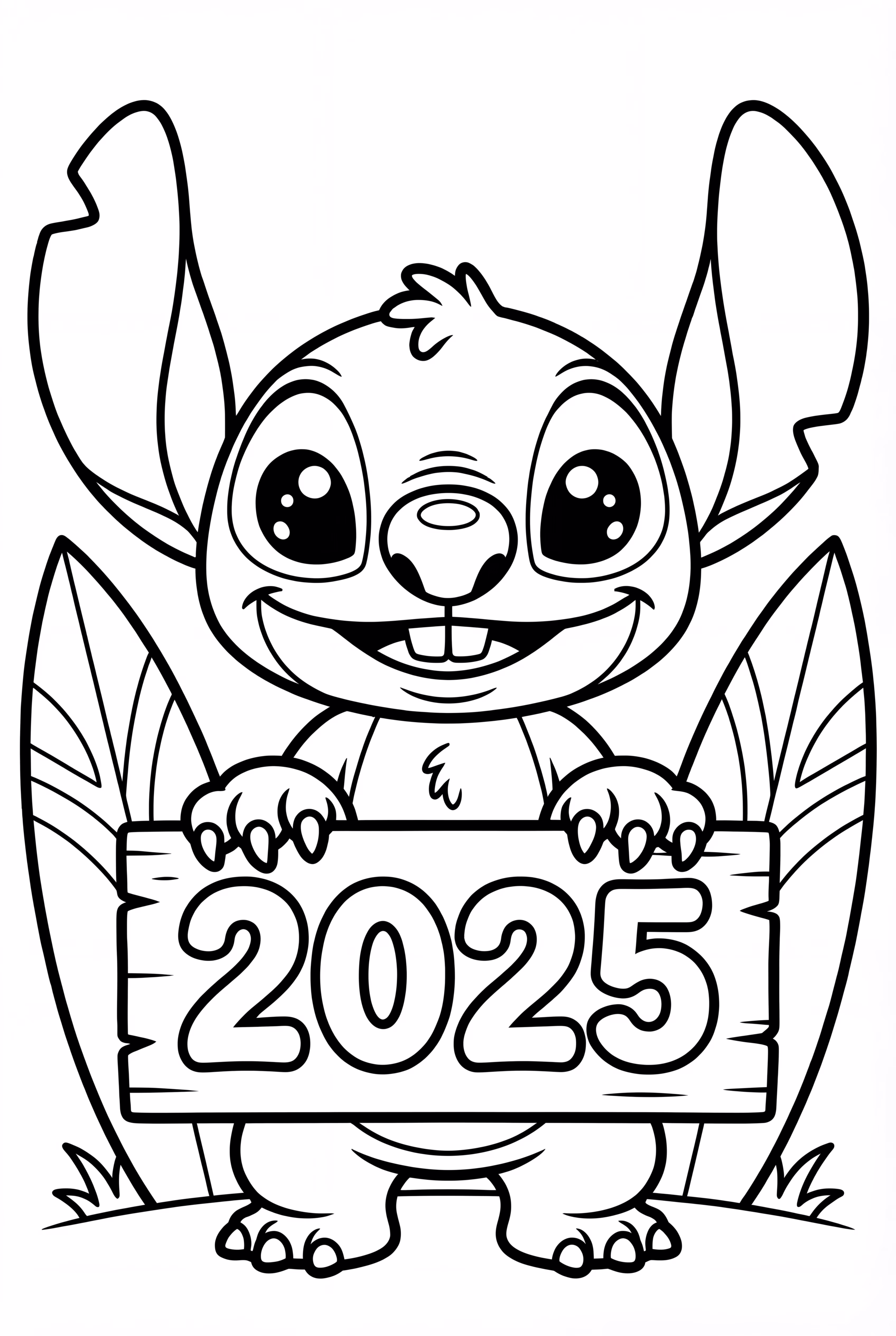Stitch holding a 2025 sign