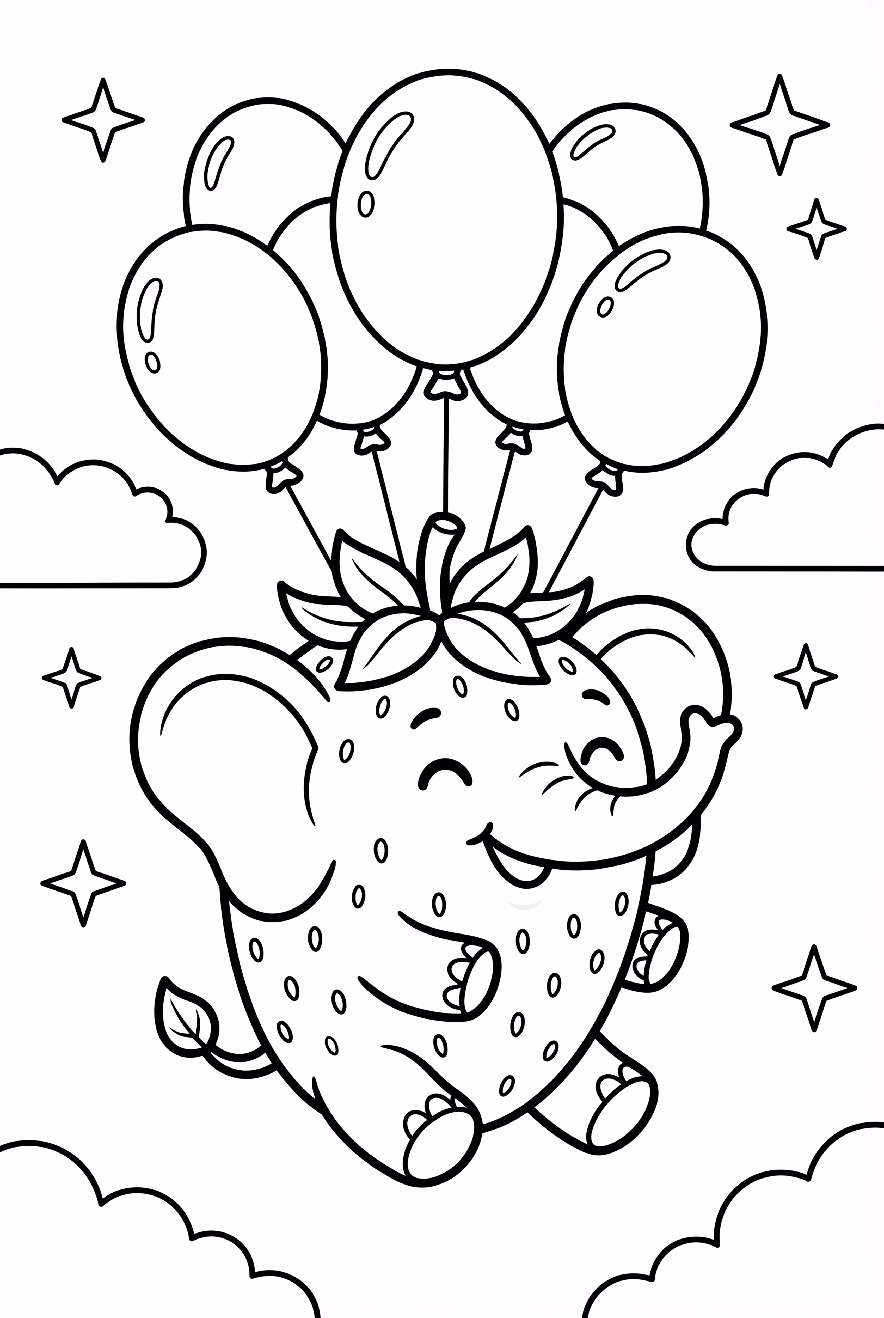 Erdbeer-Elefant, der mit Luftballons fliegt