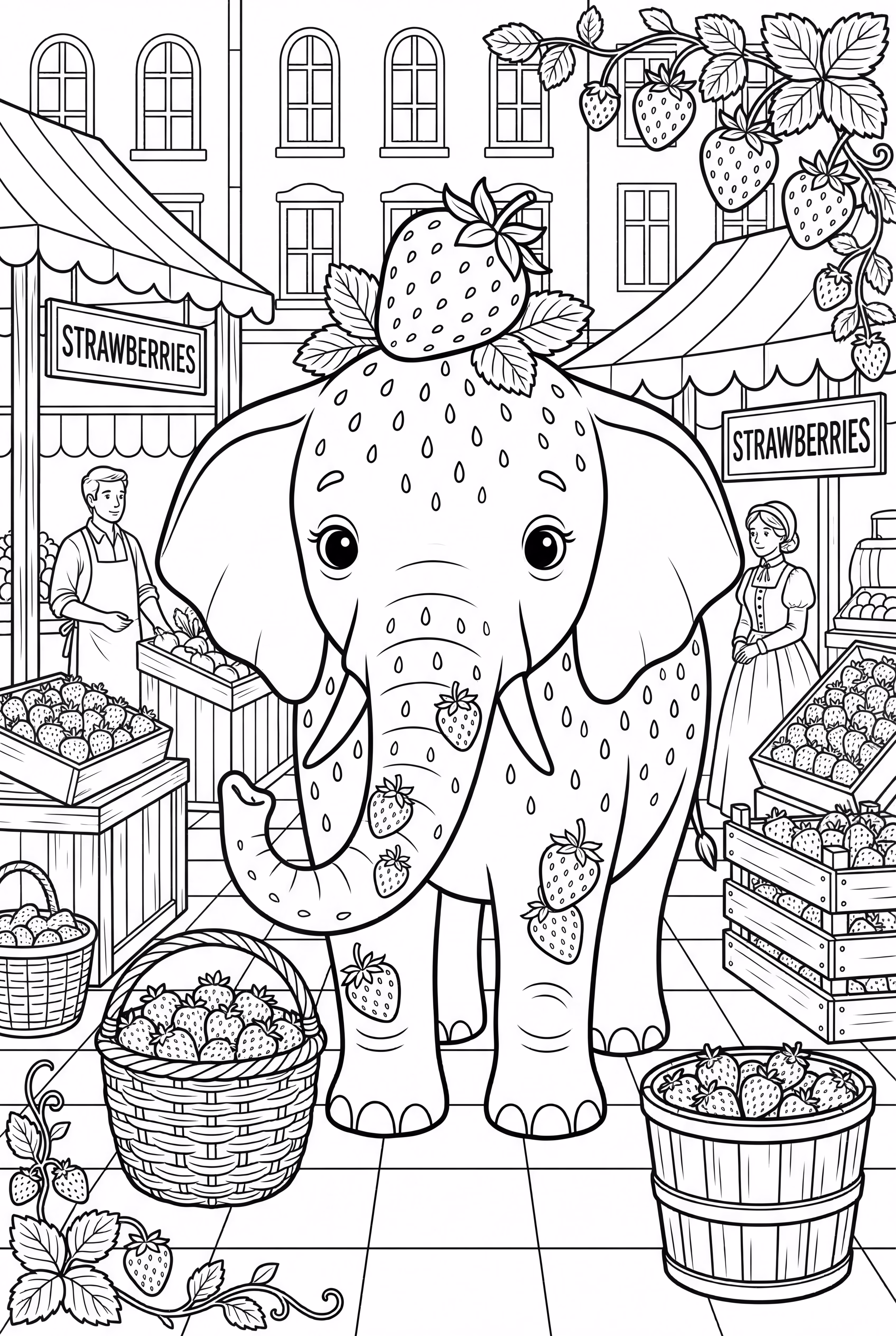 草莓大象在热闹的草莓市场